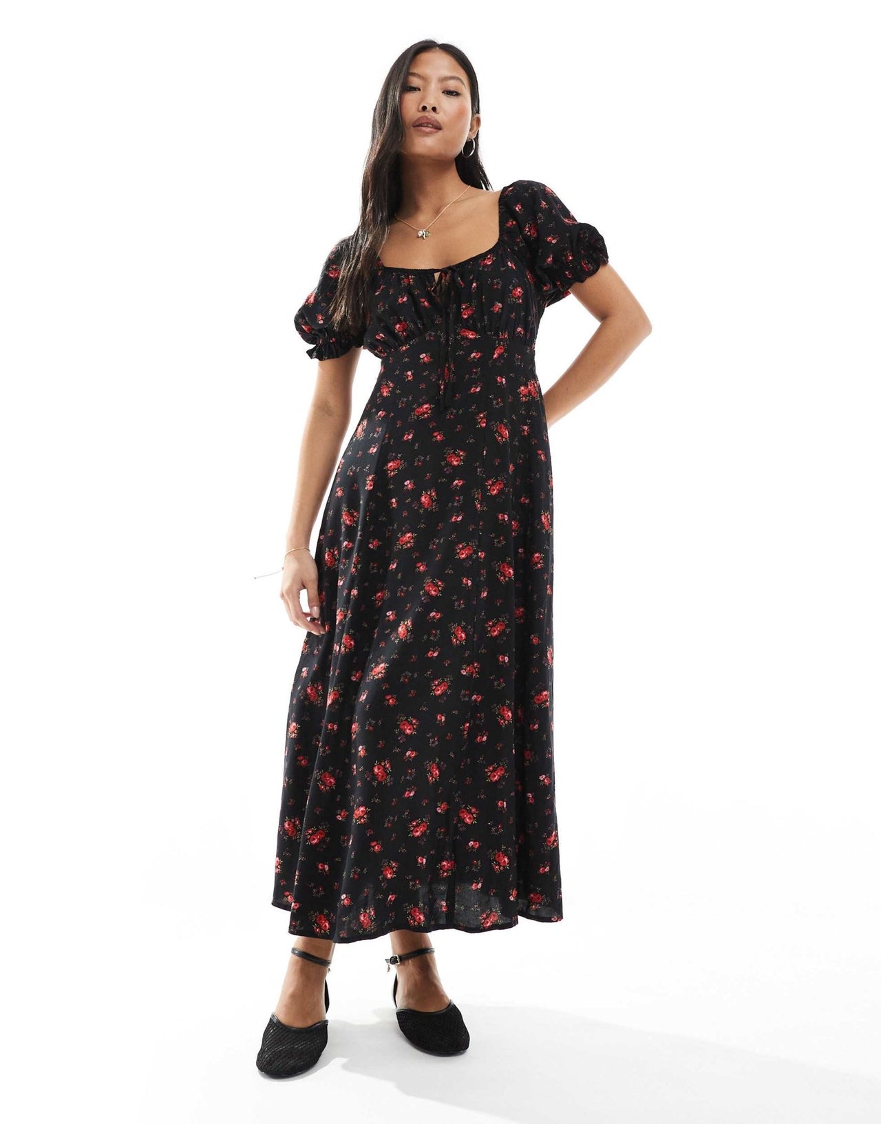 Miss Selfridge Petite spun tea midaxi dress in black rose print - ASOS Sample Sale