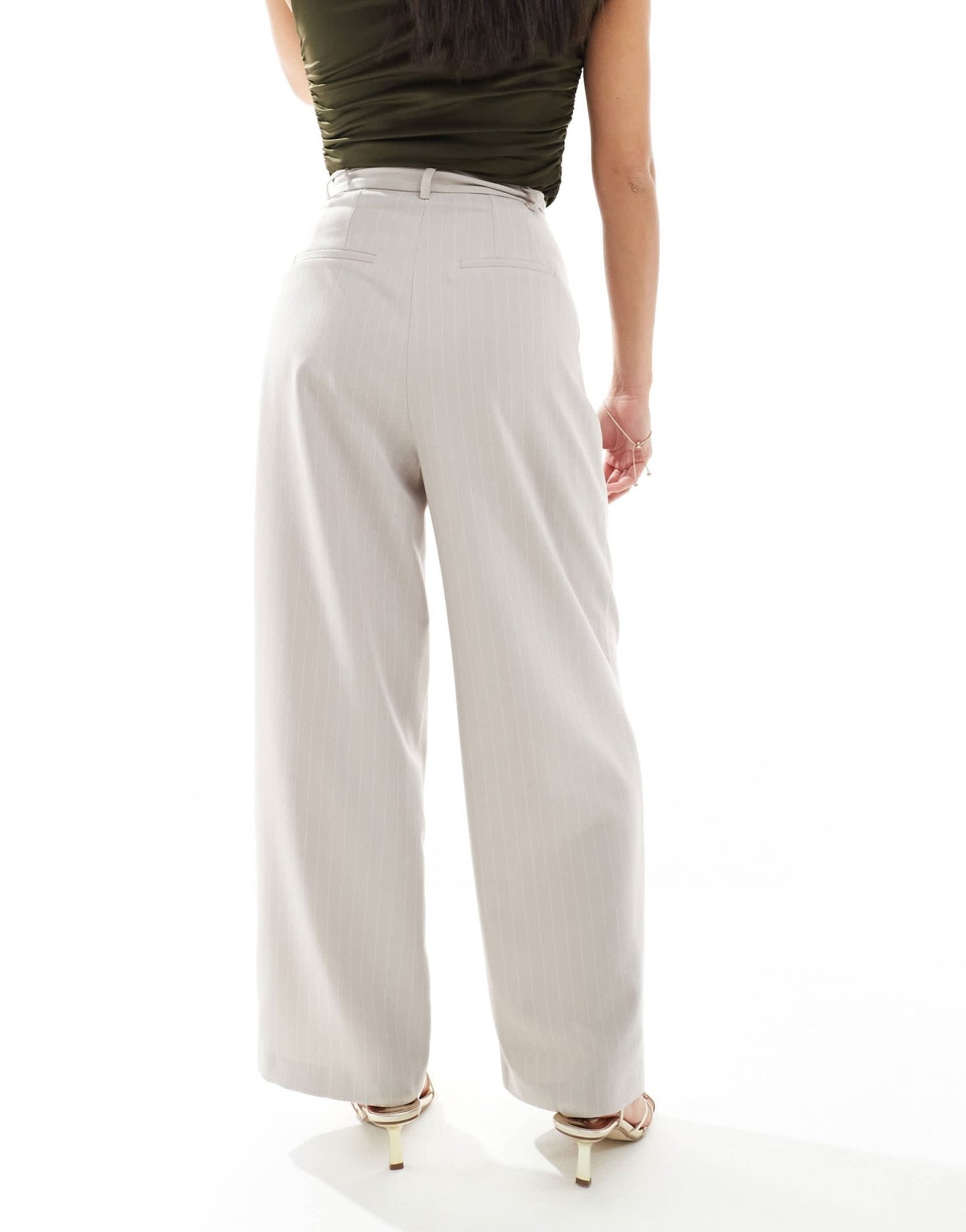 Miss Selfridge Petite wide leg tailored trouser in beige pinstripe - ASOS Sample Sale