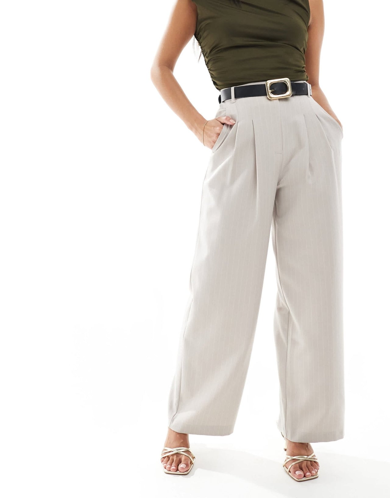 Miss Selfridge Petite wide leg tailored trouser in beige pinstripe - ASOS Sample Sale