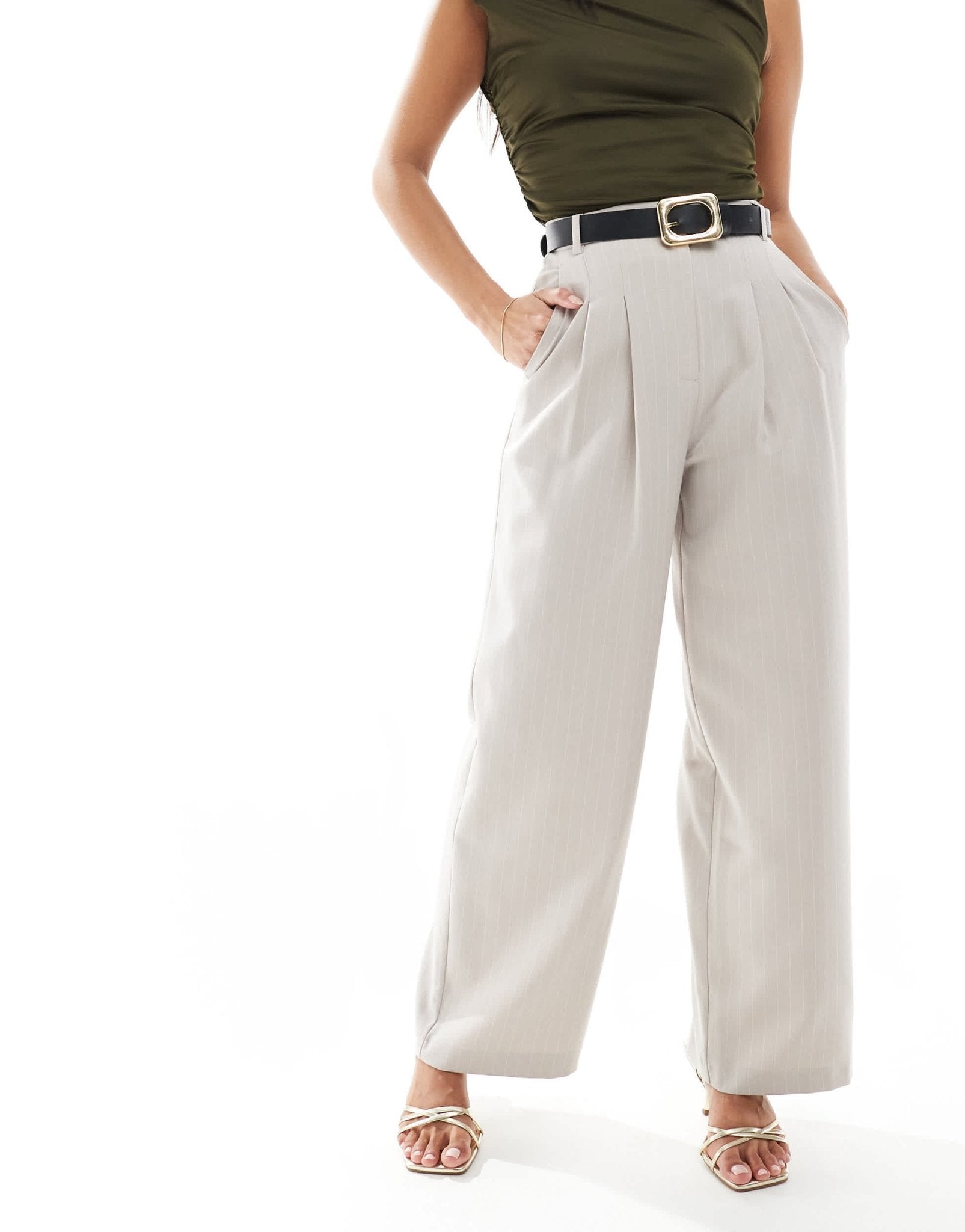 Miss Selfridge Petite wide leg tailored trouser in beige pinstripe - ASOS Sample Sale