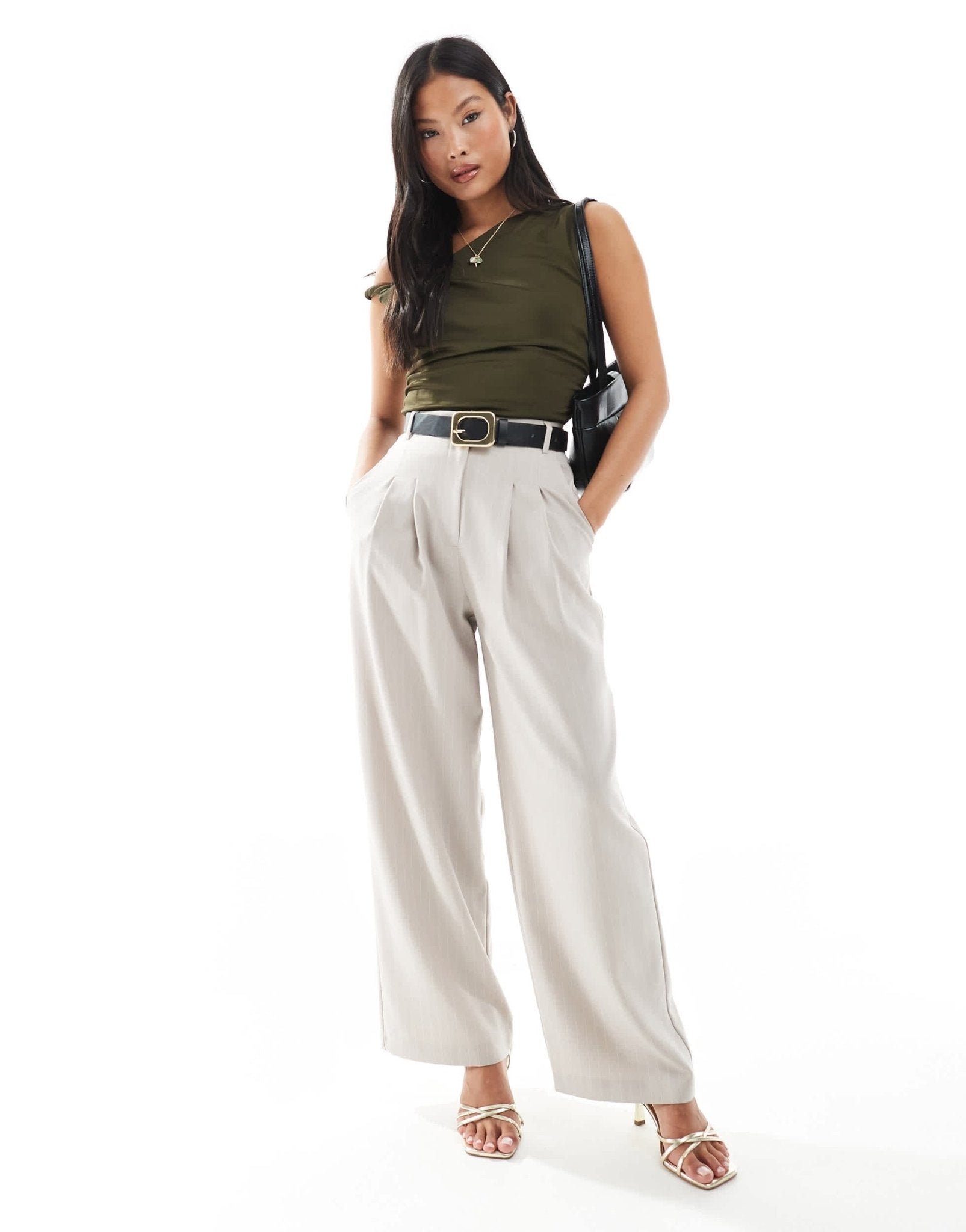 Miss Selfridge Petite wide leg tailored trouser in beige pinstripe - ASOS Sample Sale
