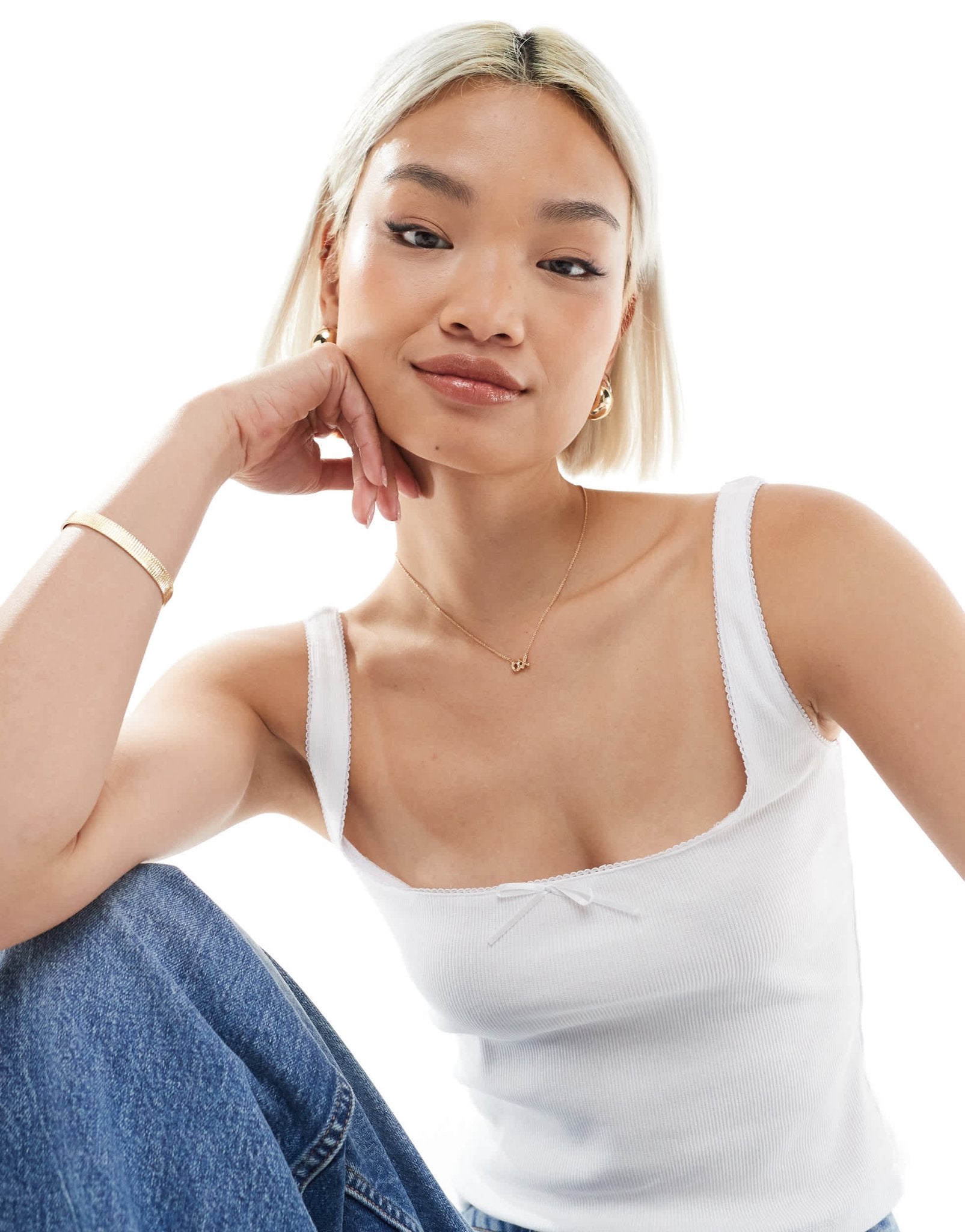 Miss Selfridge picot trim bow vest in white - ASOS Sample Sale