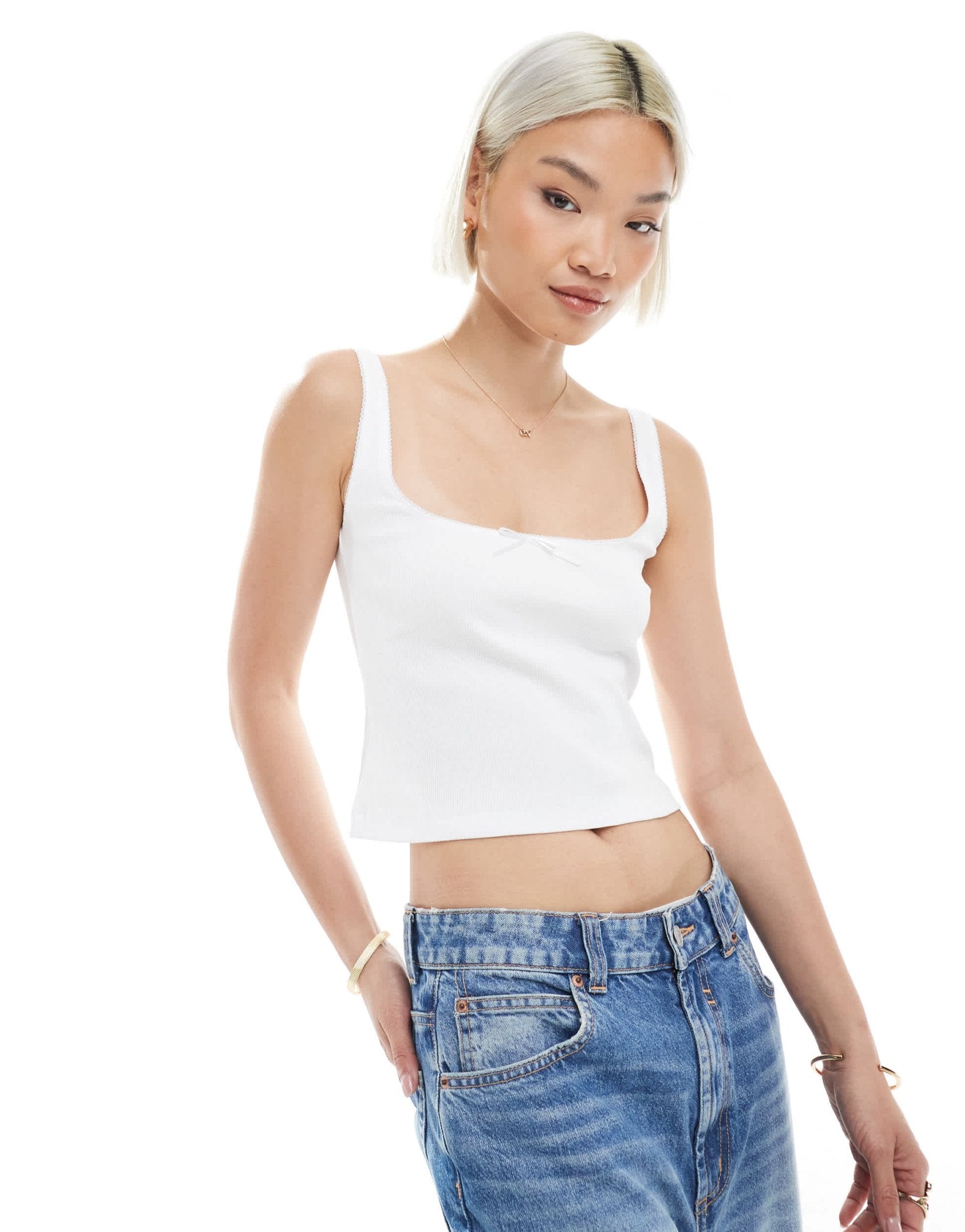 Miss Selfridge picot trim bow vest in white - ASOS Sample Sale