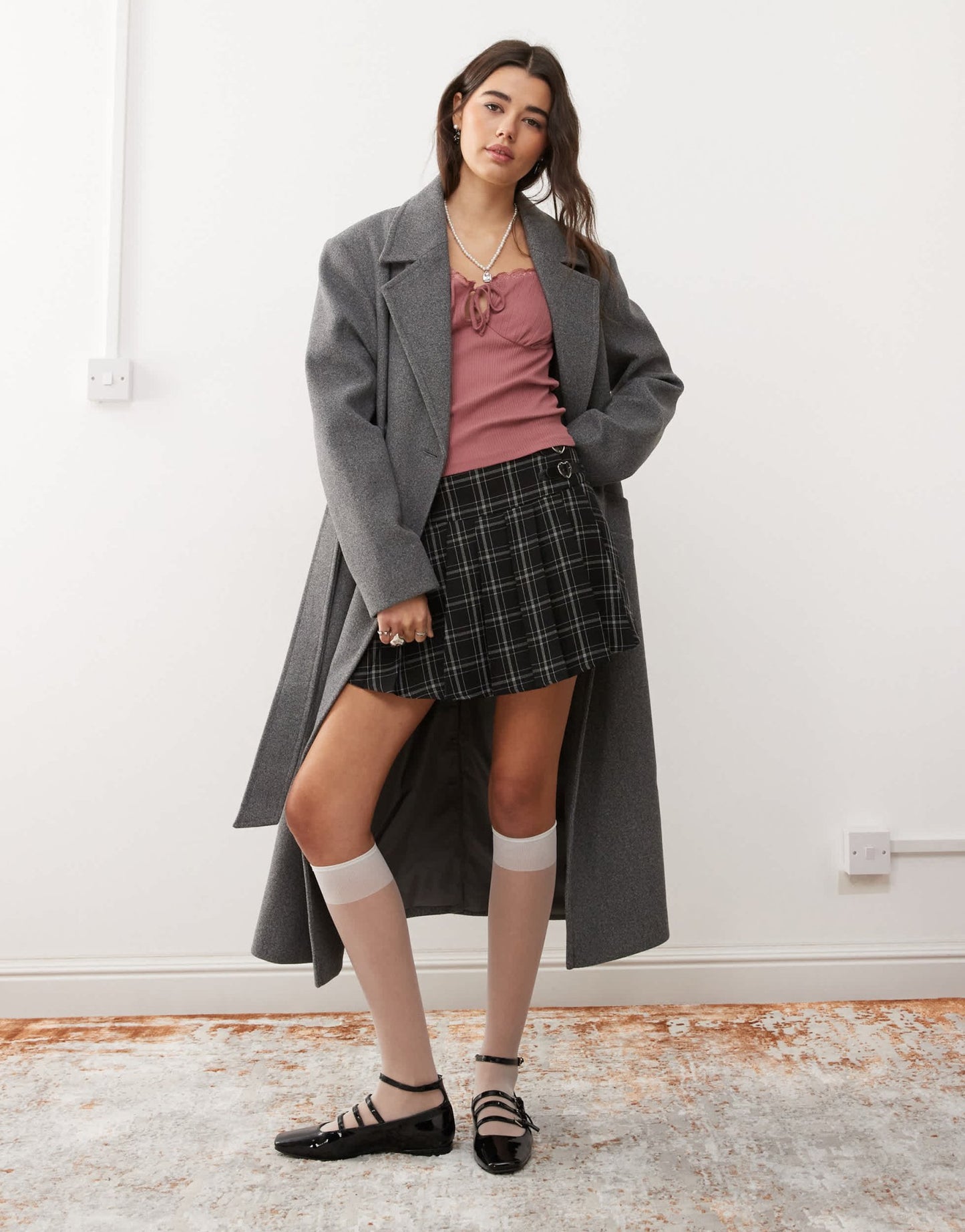 Miss Selfridge pleat mini skirt in check print - ASOS Sample Sale