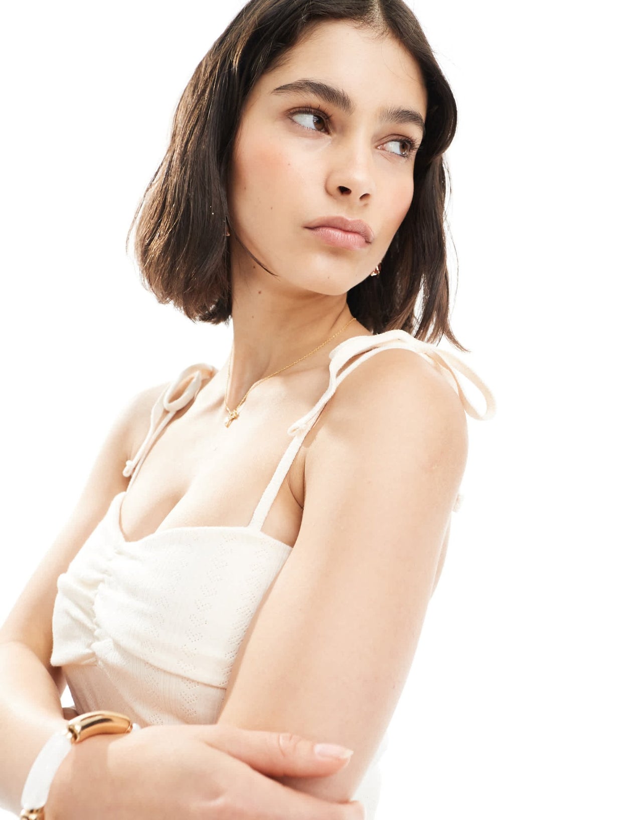 Miss Selfridge pointelle tie shoulder cami in cream - ASOS Sample Sale