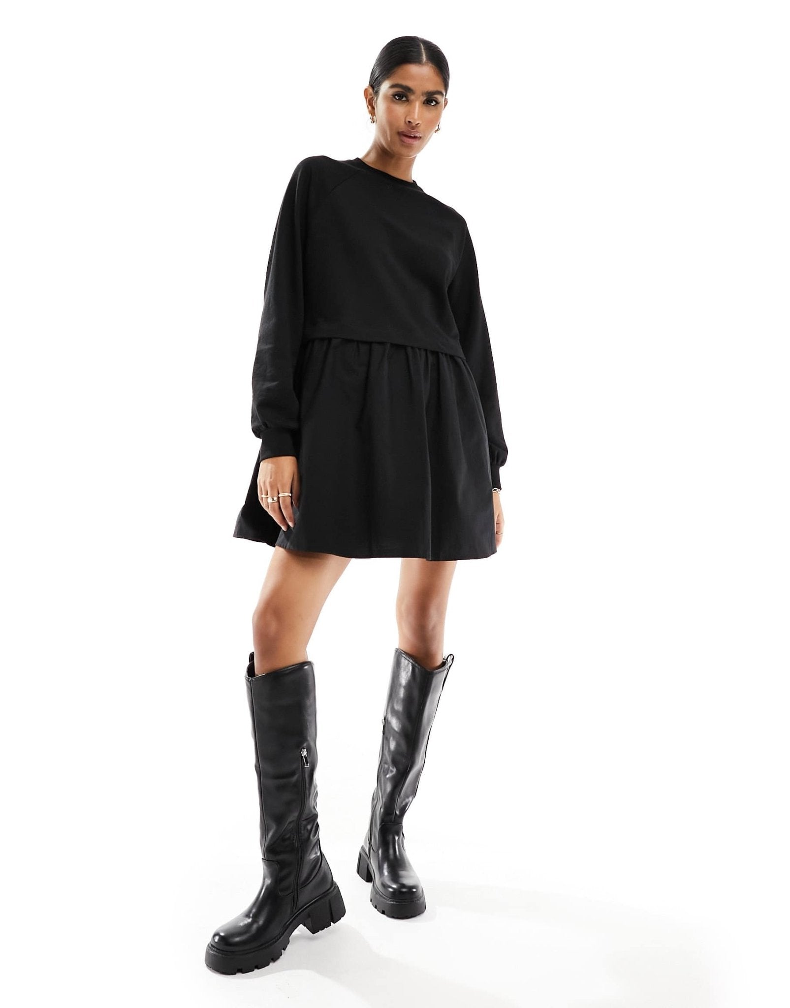 Miss Selfridge poplin and jersey mix smock mini dress in black - ASOS Sample Sale