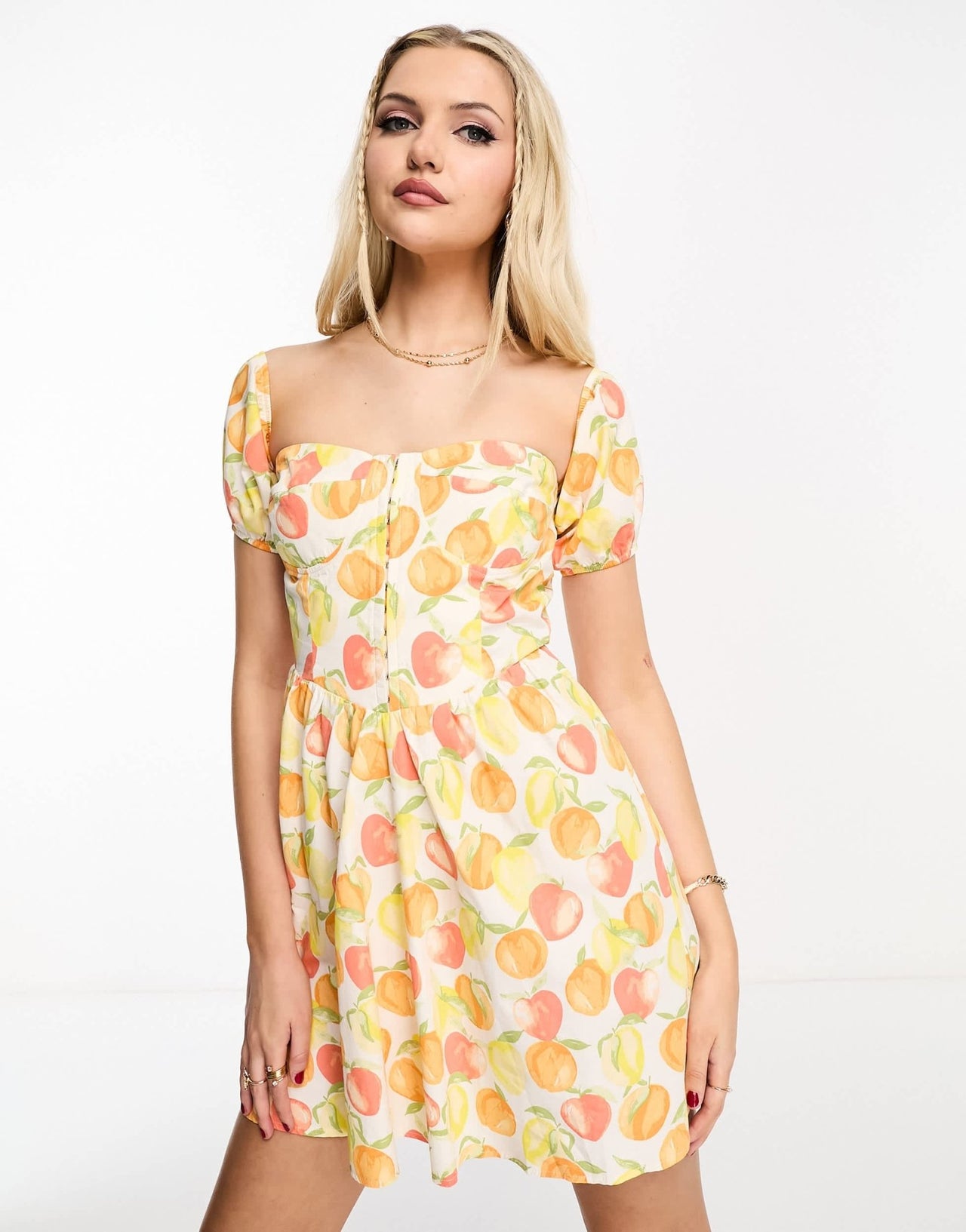 Miss Selfridge poplin corset puff sleeve mini dress in citrus fruit print - ASOS Sample Sale