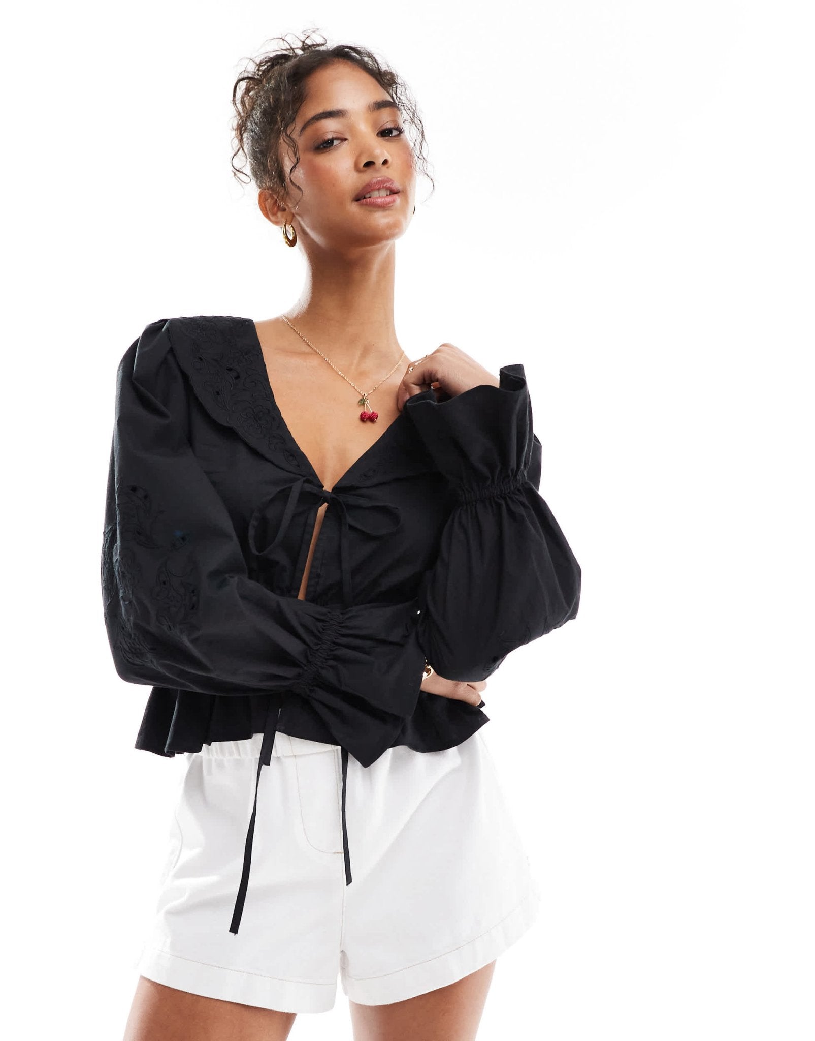 Miss Selfridge poplin tie front cutwork blouse in black - ASOS Sample Sale