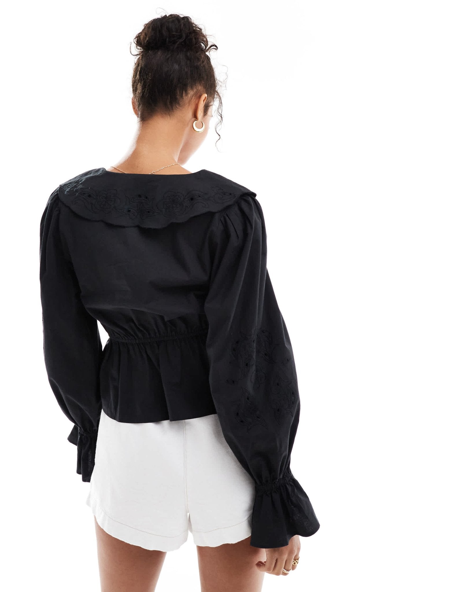 Miss Selfridge poplin tie front cutwork blouse in black - ASOS Sample Sale
