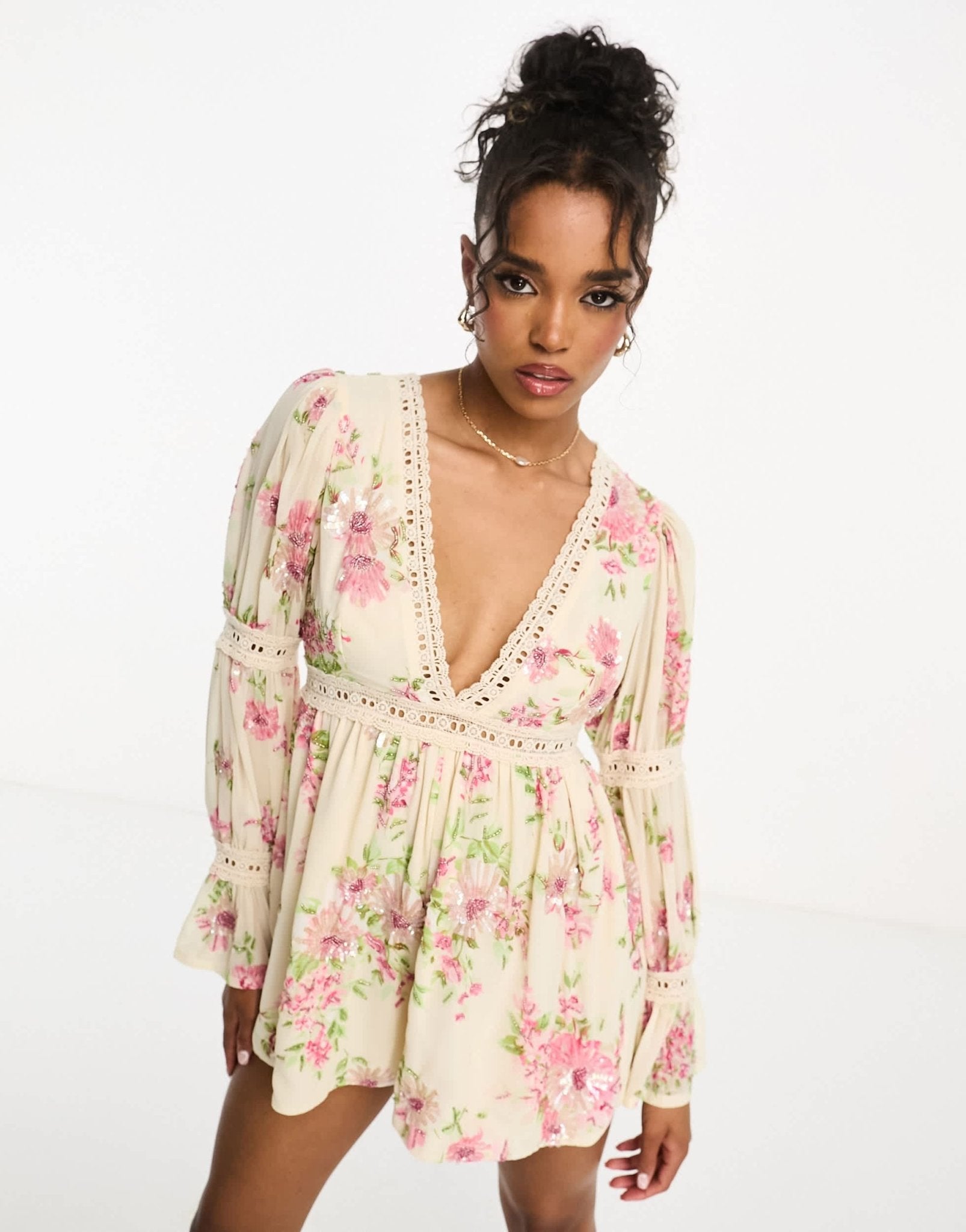 Miss Selfridge Premium embellished festival playsuit with lace insert in floral print - ASOS Sample Sale