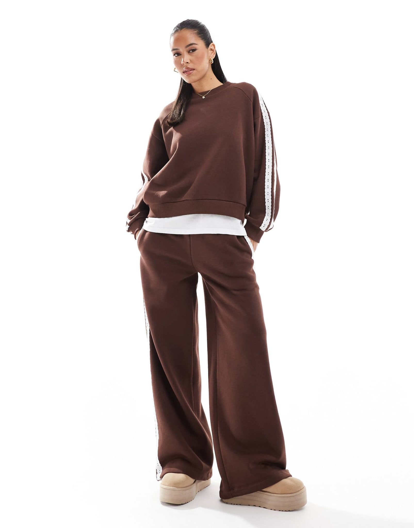 Miss Selfridge premium lace stripe sweatshirt in chocolate - ASOS Sample Sale