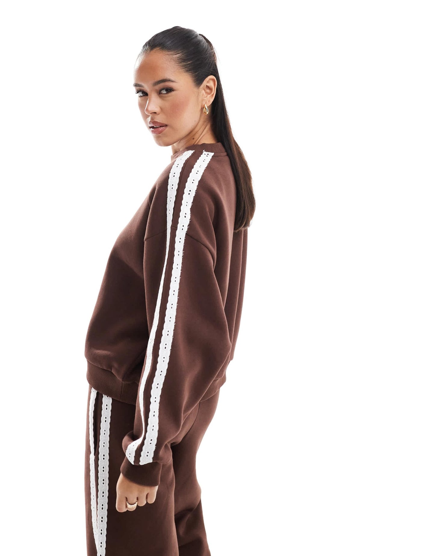 Miss Selfridge premium lace stripe sweatshirt in chocolate - ASOS Sample Sale