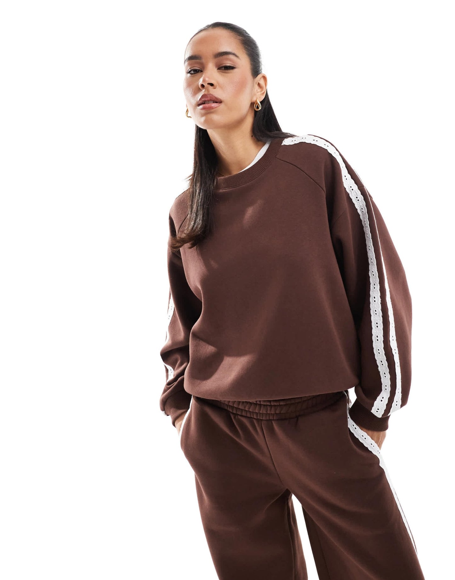 Miss Selfridge premium lace stripe sweatshirt in chocolate - ASOS Sample Sale