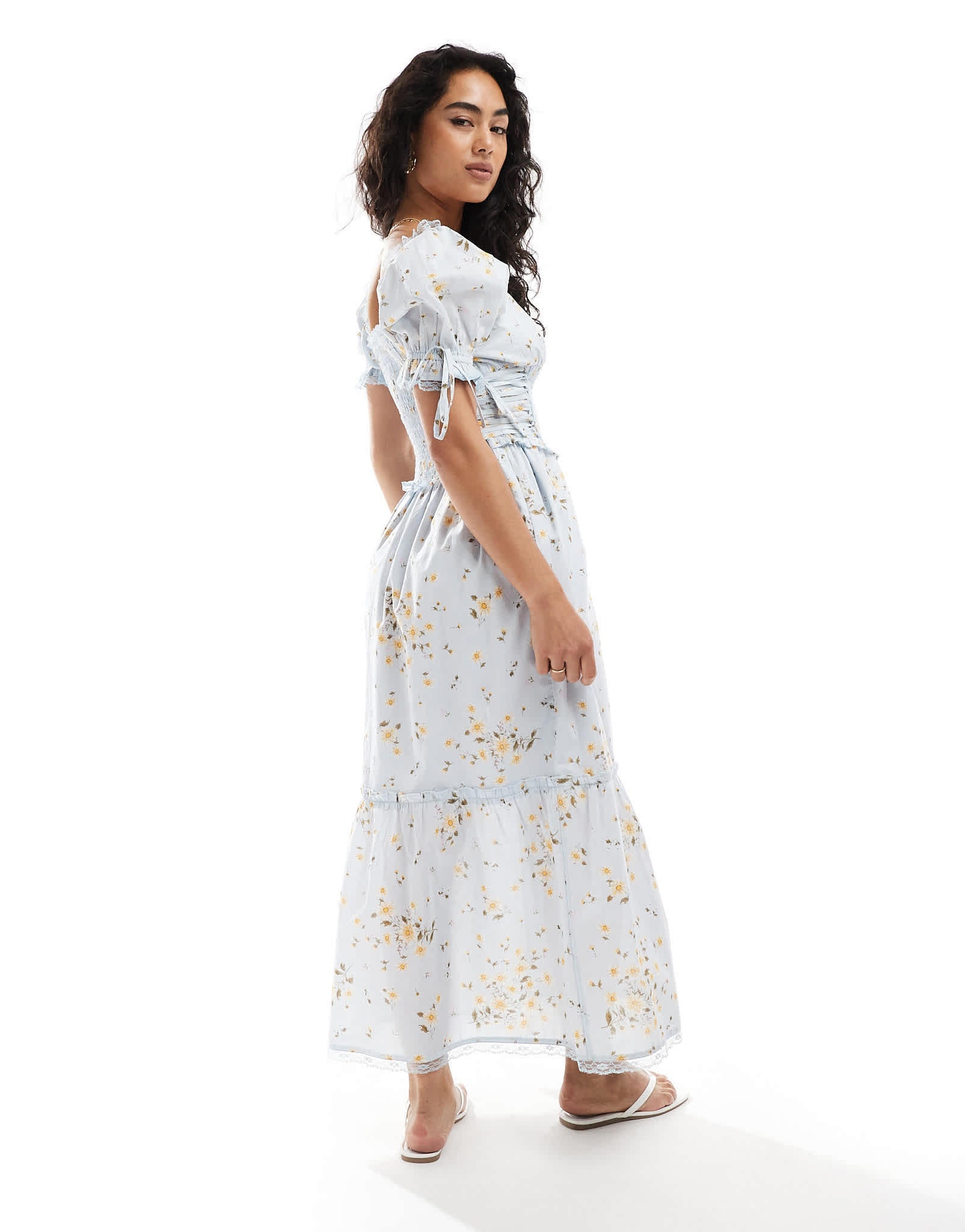 Miss Selfridge printed milkmaid maxi dress in blue floral print - ASOS Sample Sale