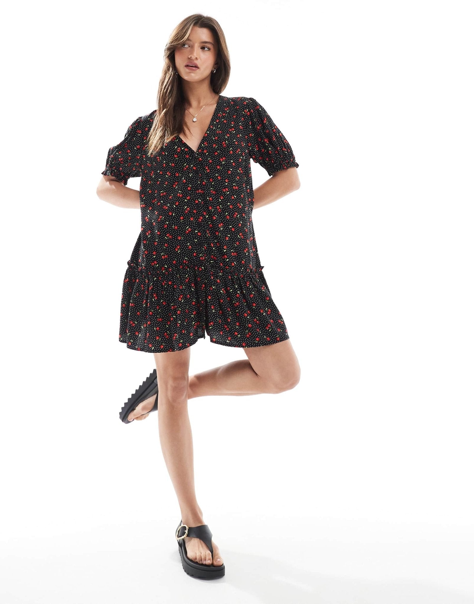 Miss Selfridge printed spun smock dress in Black Cherry Print - ASOS Sample Sale