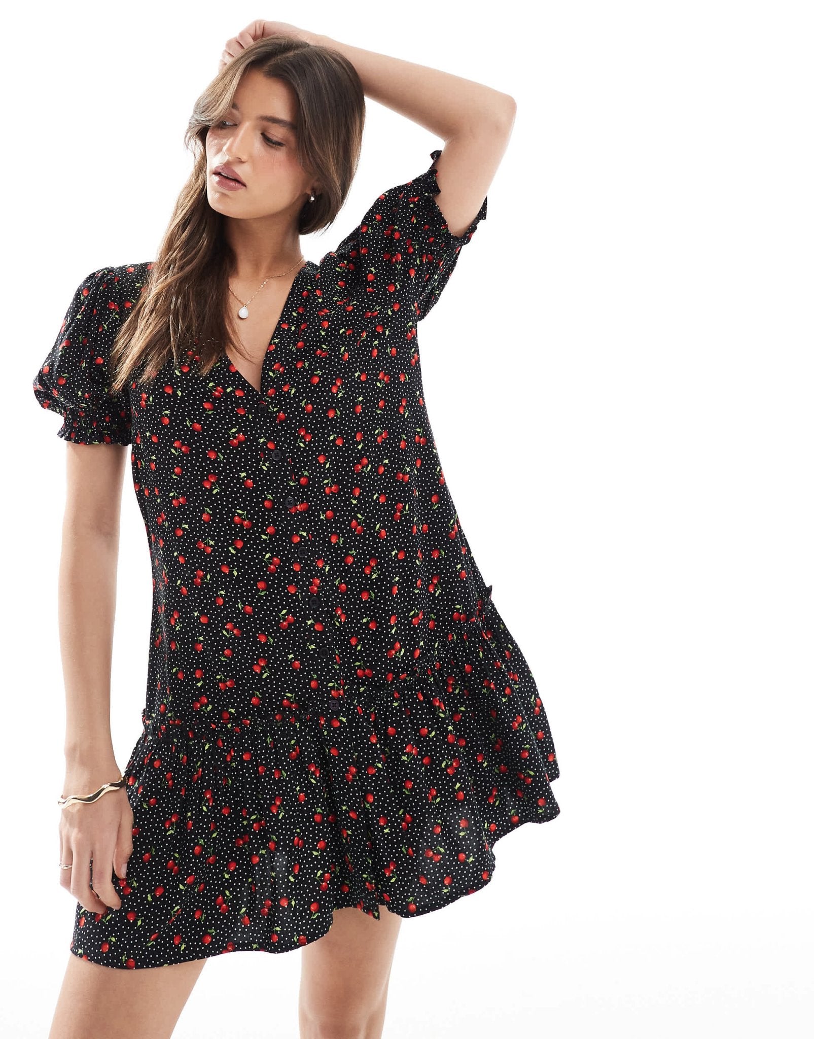 Miss Selfridge printed spun smock dress in Black Cherry Print - ASOS Sample Sale
