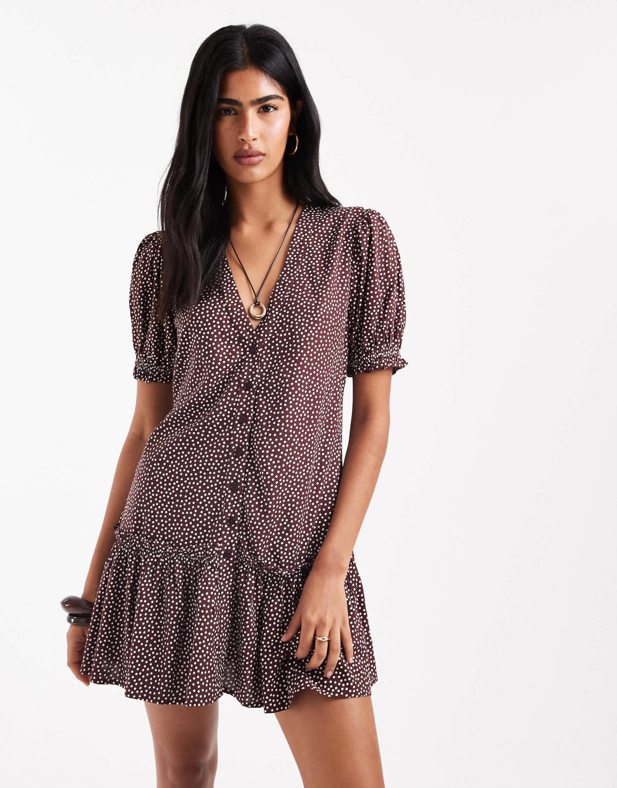 Miss Selfridge printed spun smock dress in brown polka dot - ASOS Sample Sale