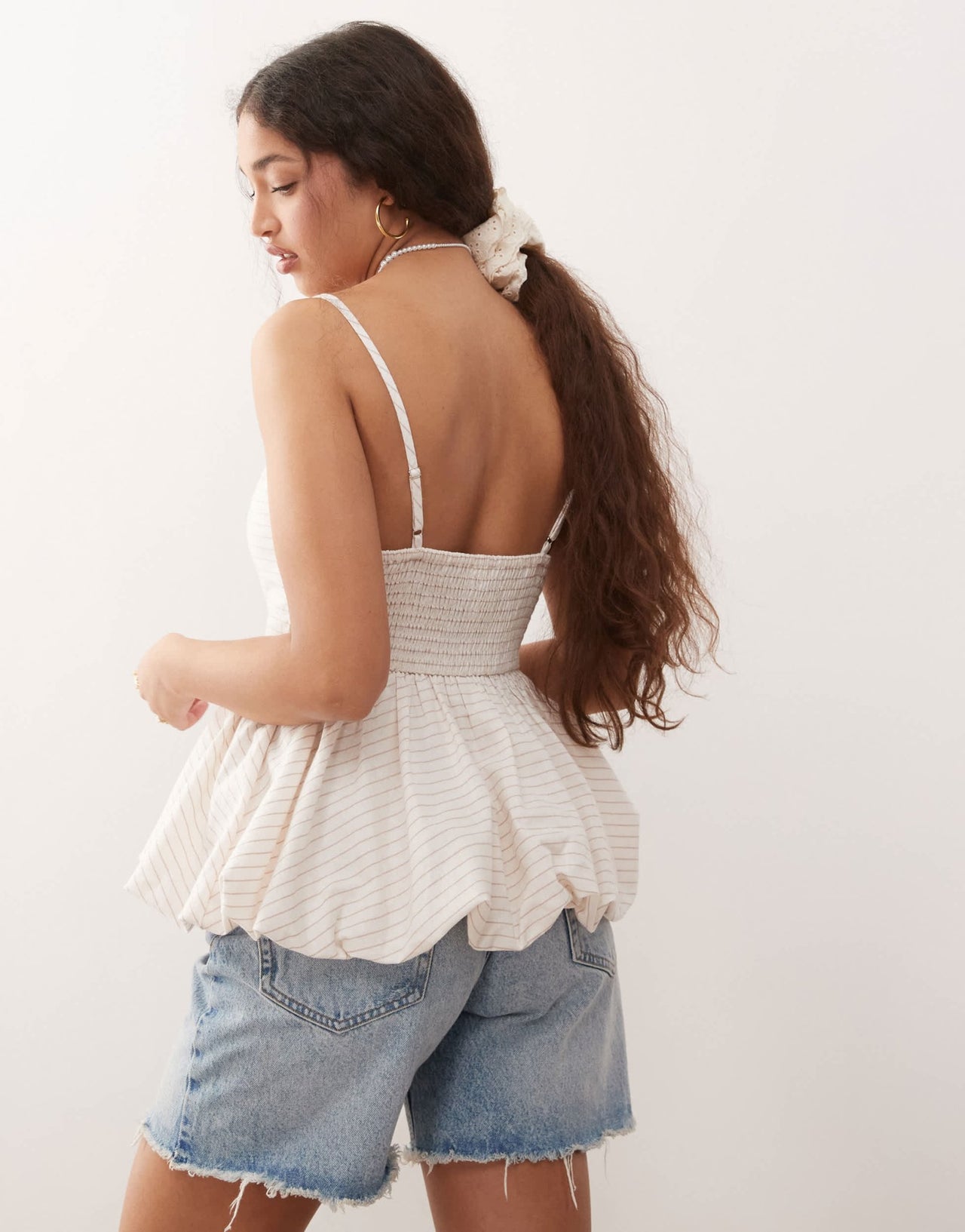 Miss Selfridge puff ball corset top in beige stripe - ASOS Sample Sale