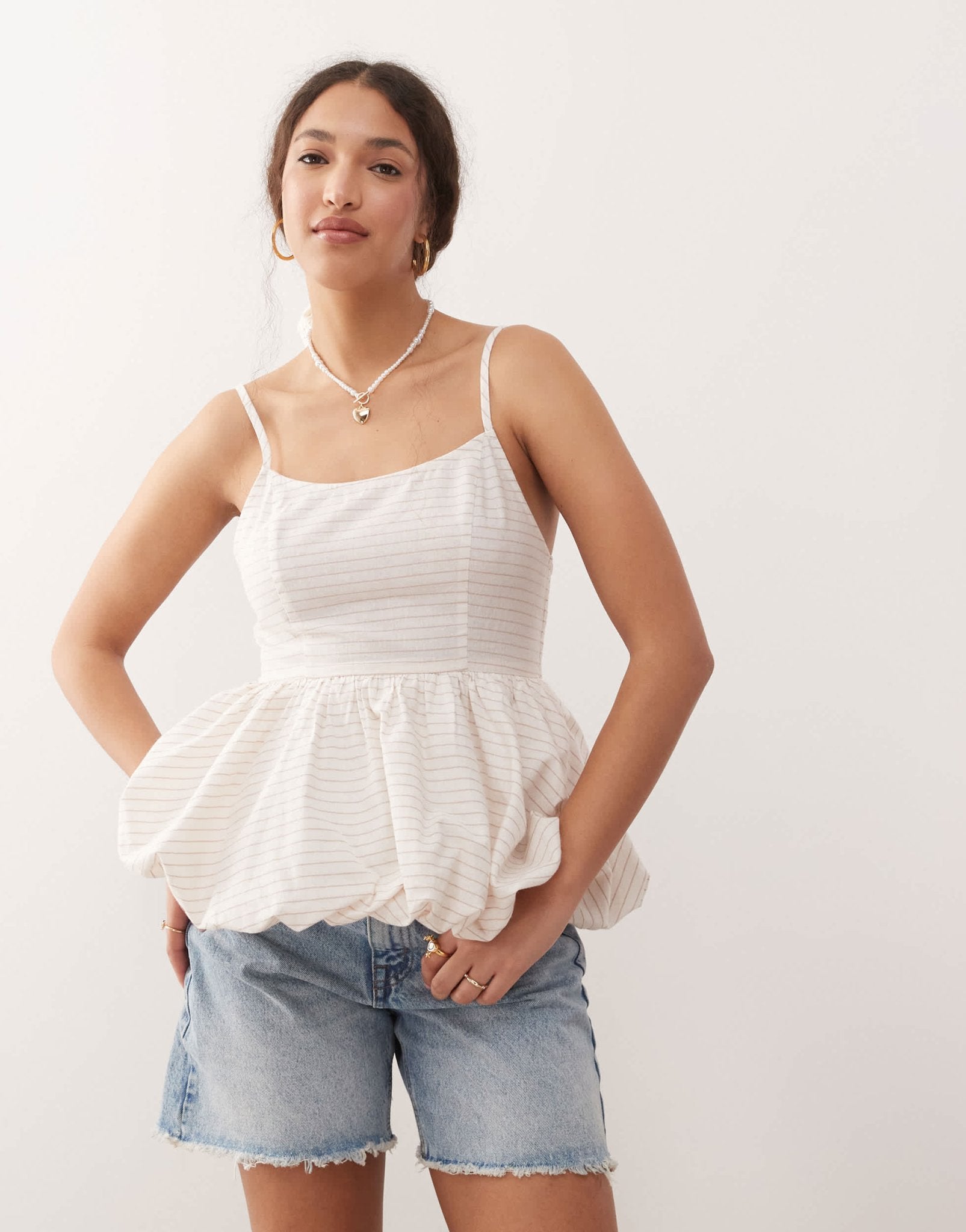Miss Selfridge puff ball corset top in beige stripe - ASOS Sample Sale