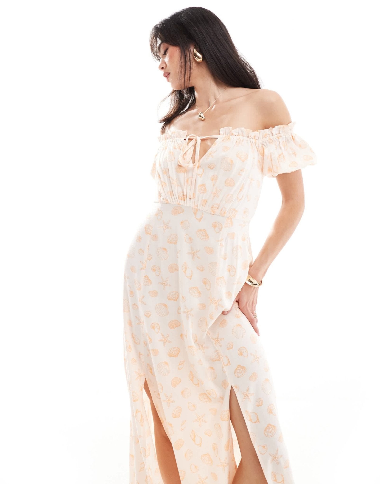 Miss Selfridge puff sleeve bardot maxi dress in sea shell print - ASOS Sample Sale