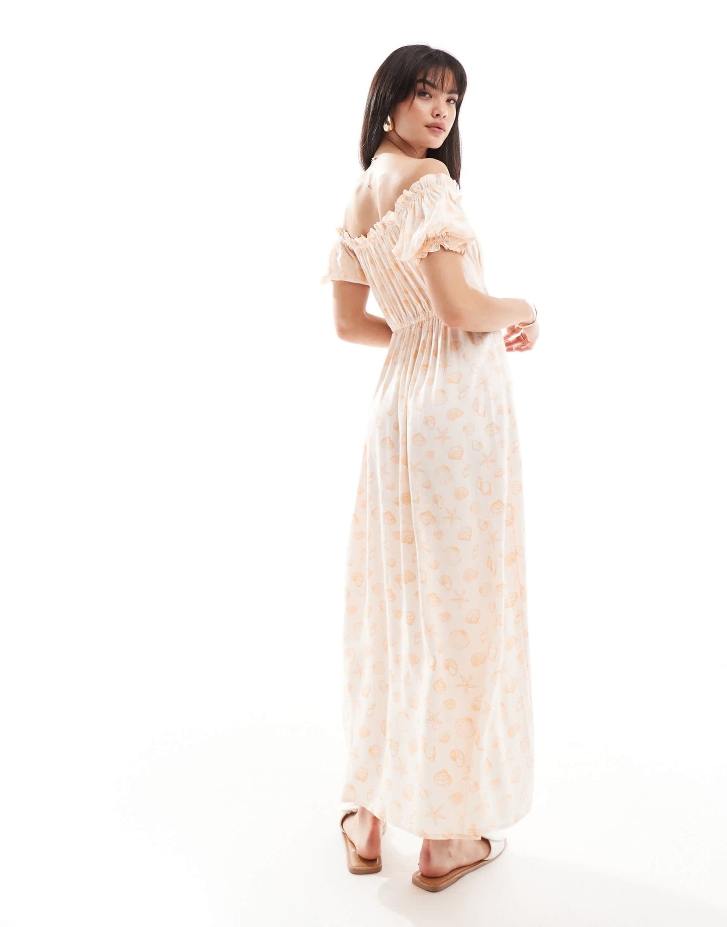 Miss Selfridge puff sleeve bardot maxi dress in sea shell print - ASOS Sample Sale