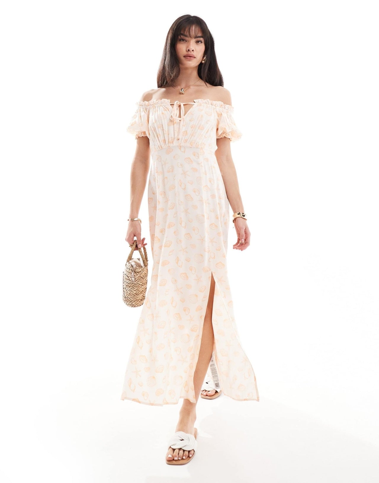 Miss Selfridge puff sleeve bardot maxi dress in sea shell print - ASOS Sample Sale