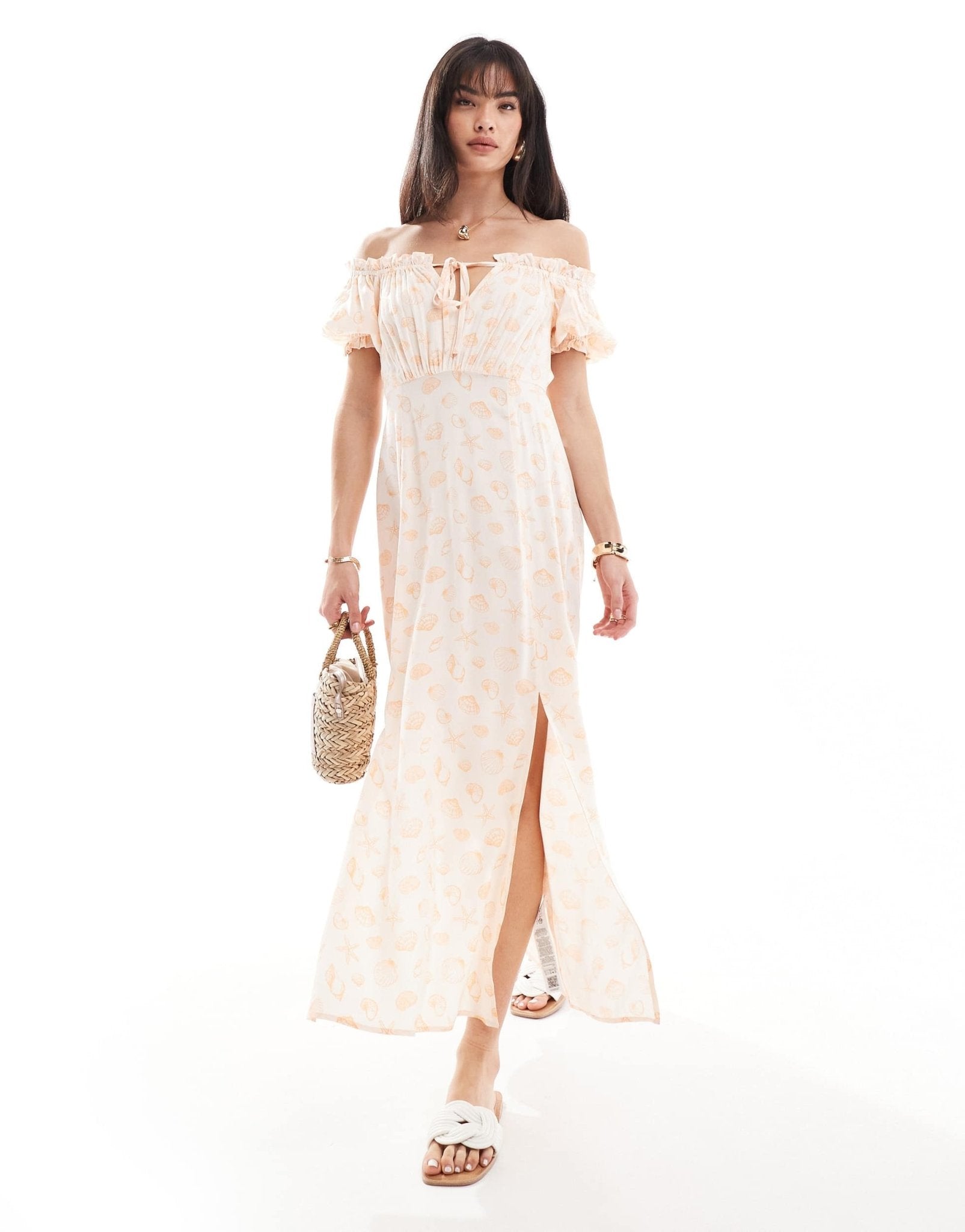 Miss Selfridge puff sleeve bardot maxi dress in sea shell print - ASOS Sample Sale