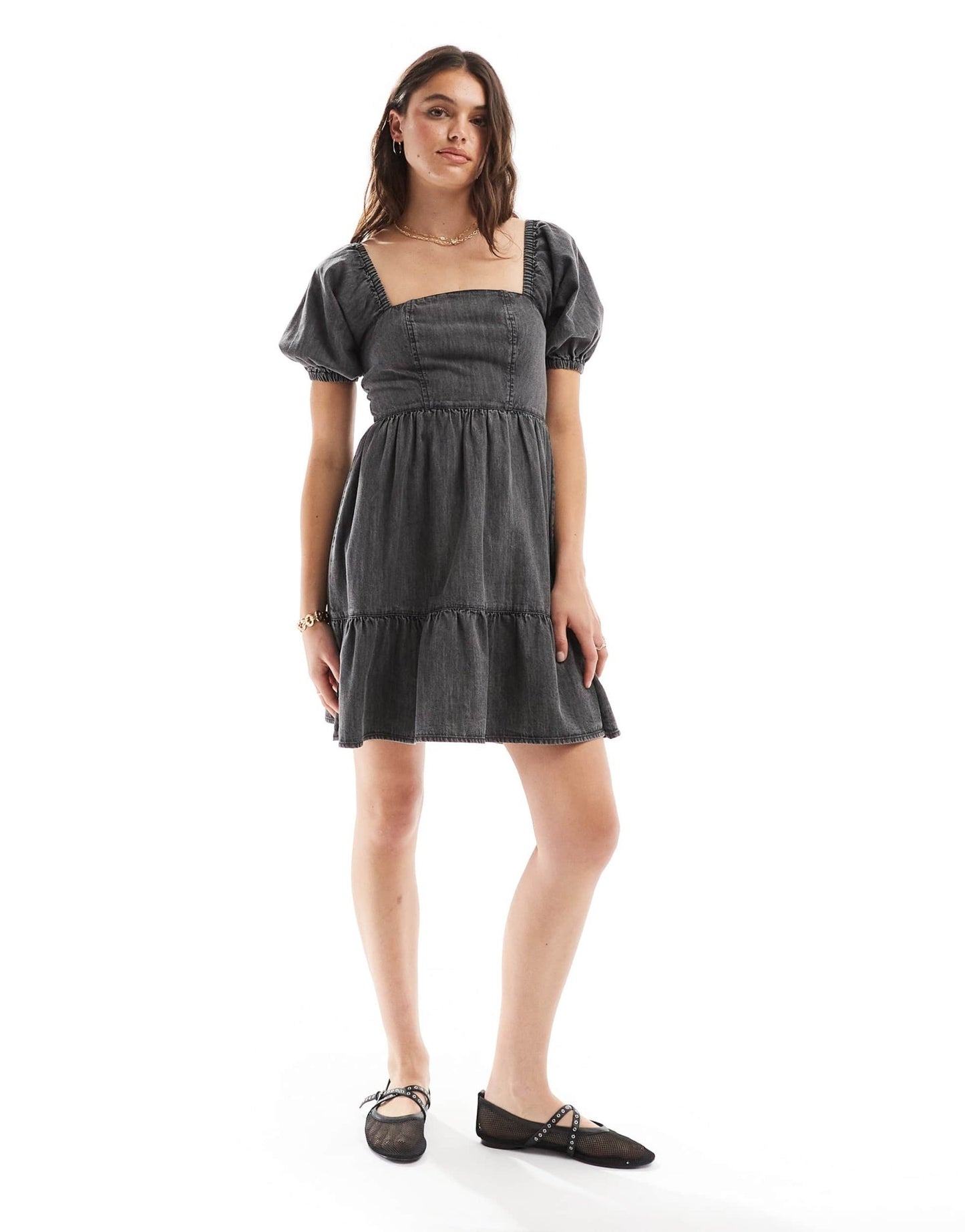 Miss Selfridge puff sleeve denim mini dress in black wash - ASOS Sample Sale