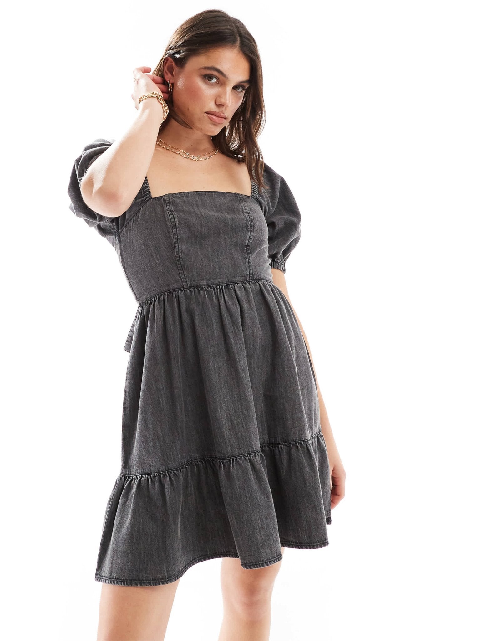 Miss Selfridge puff sleeve denim mini dress in black wash - ASOS Sample Sale