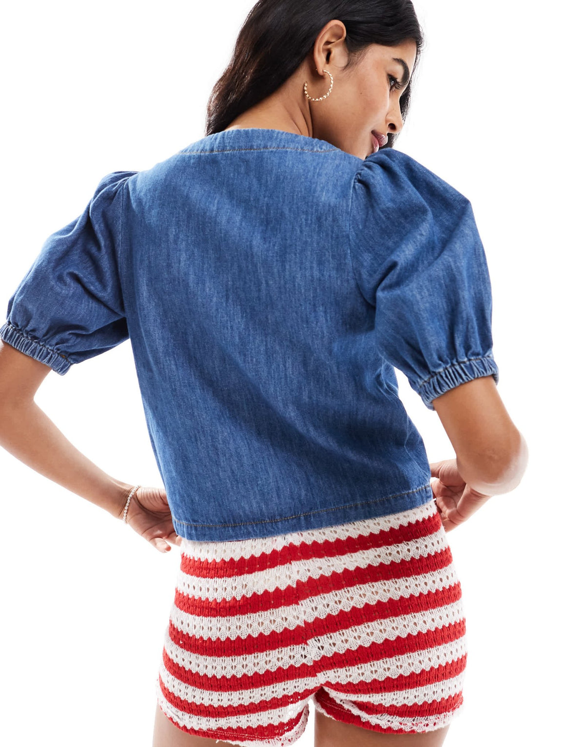 Miss Selfridge puff sleeve denim top in mid blue - ASOS Sample Sale