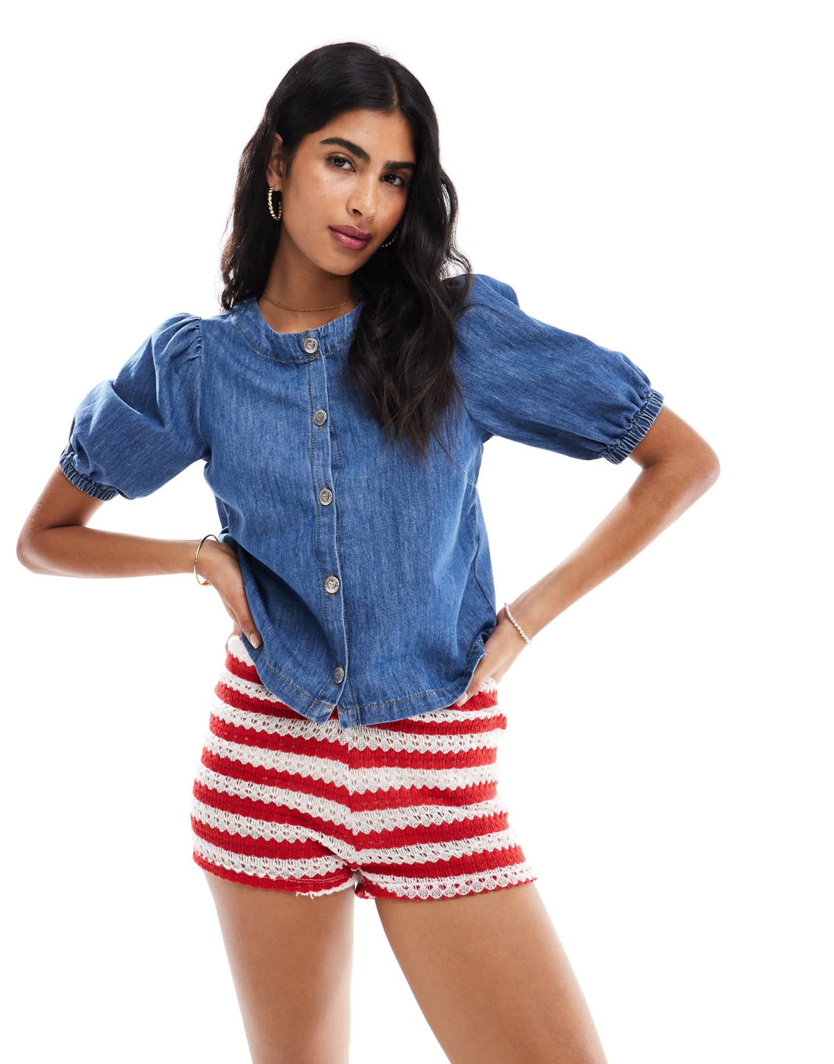 Miss Selfridge puff sleeve denim top in mid blue - ASOS Sample Sale