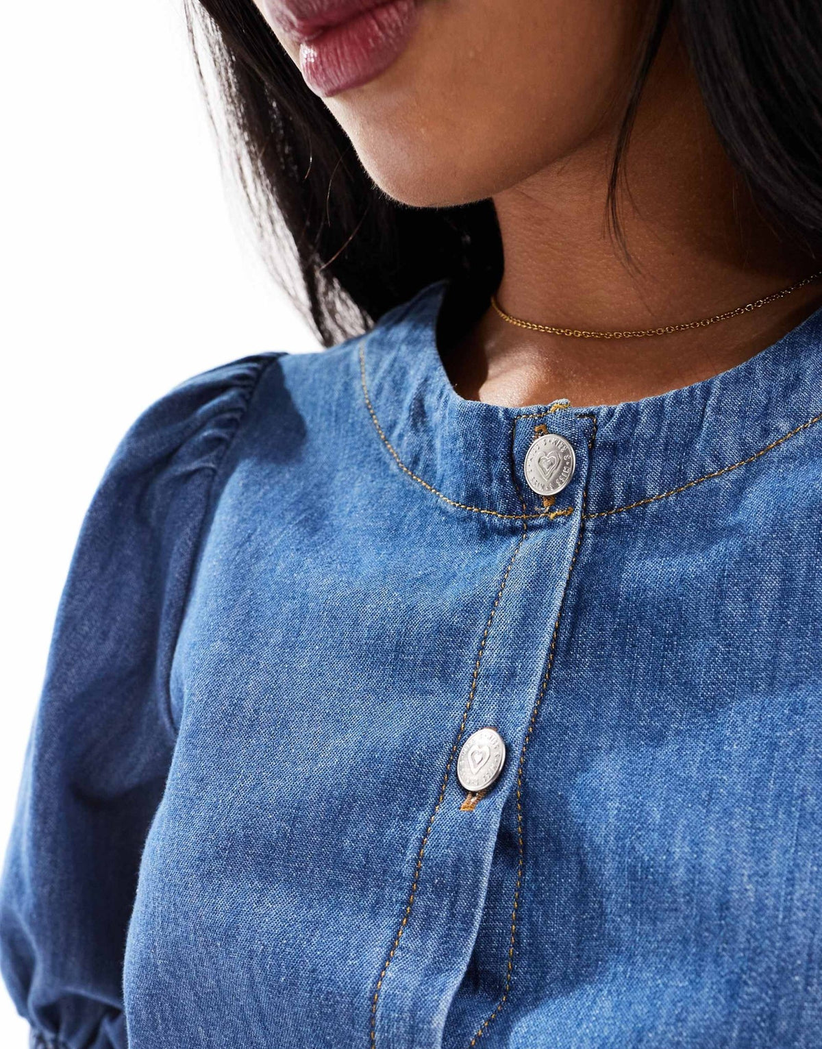 Miss Selfridge puff sleeve denim top in mid blue - ASOS Sample Sale