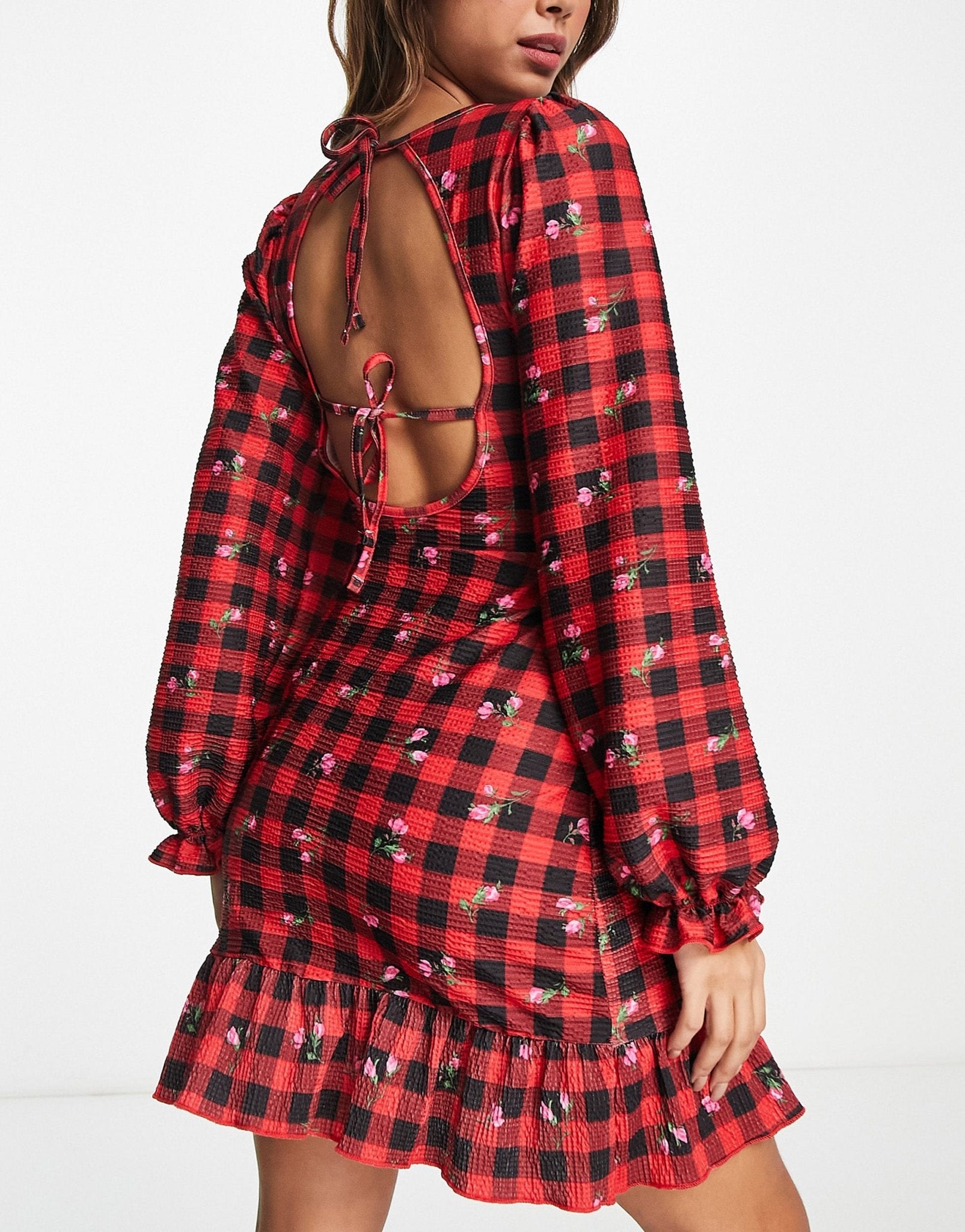 Miss Selfridge red check floral fit and flare dress - ASOS Sample Sale