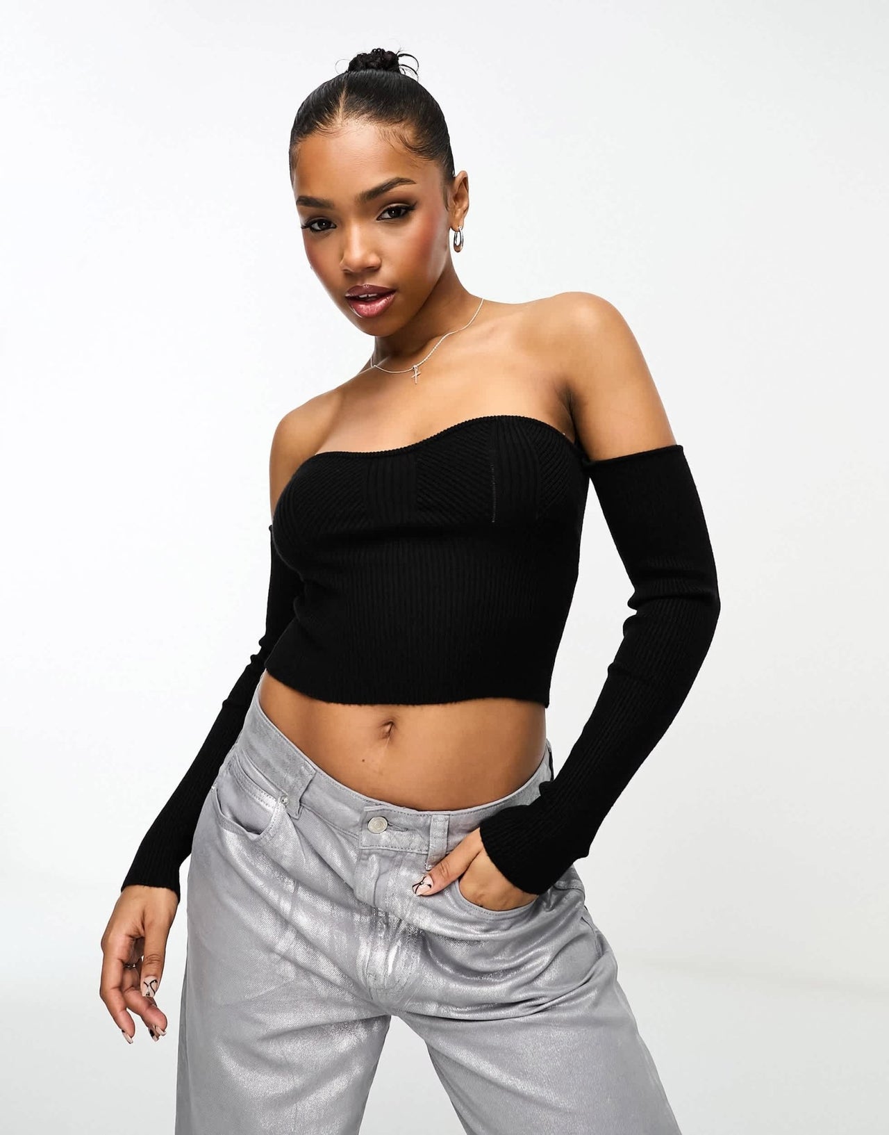 Miss Selfridge removable sleeves bandeau top in black - ASOS Sample Sale