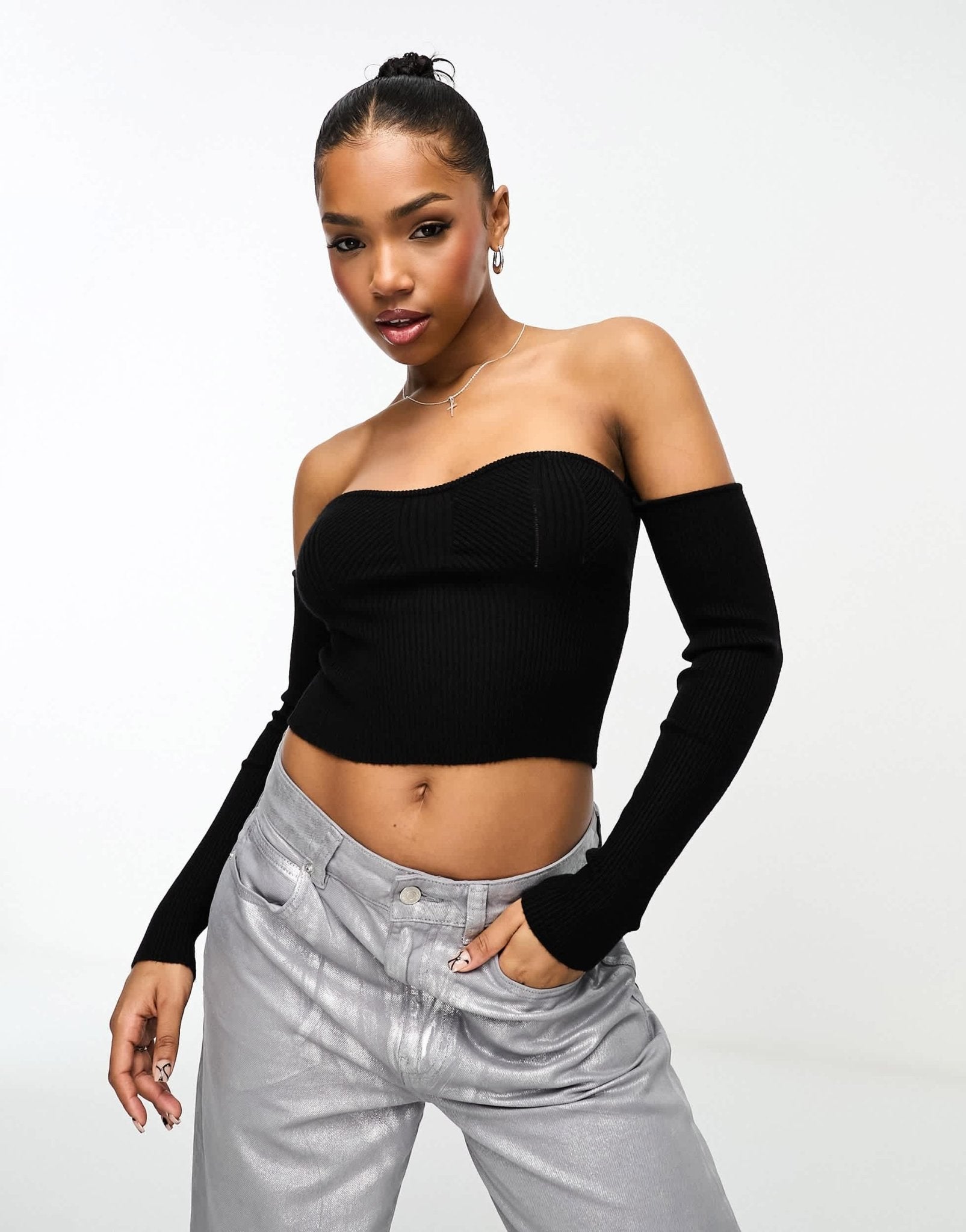 Miss Selfridge removable sleeves bandeau top in black - ASOS Sample Sale