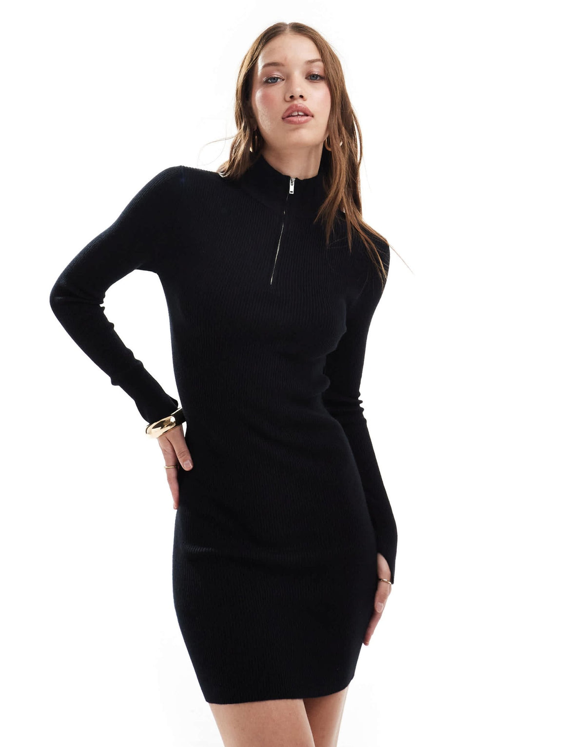 Miss Selfridge rib knit half zip collar detail mini dress in black - ASOS Sample Sale