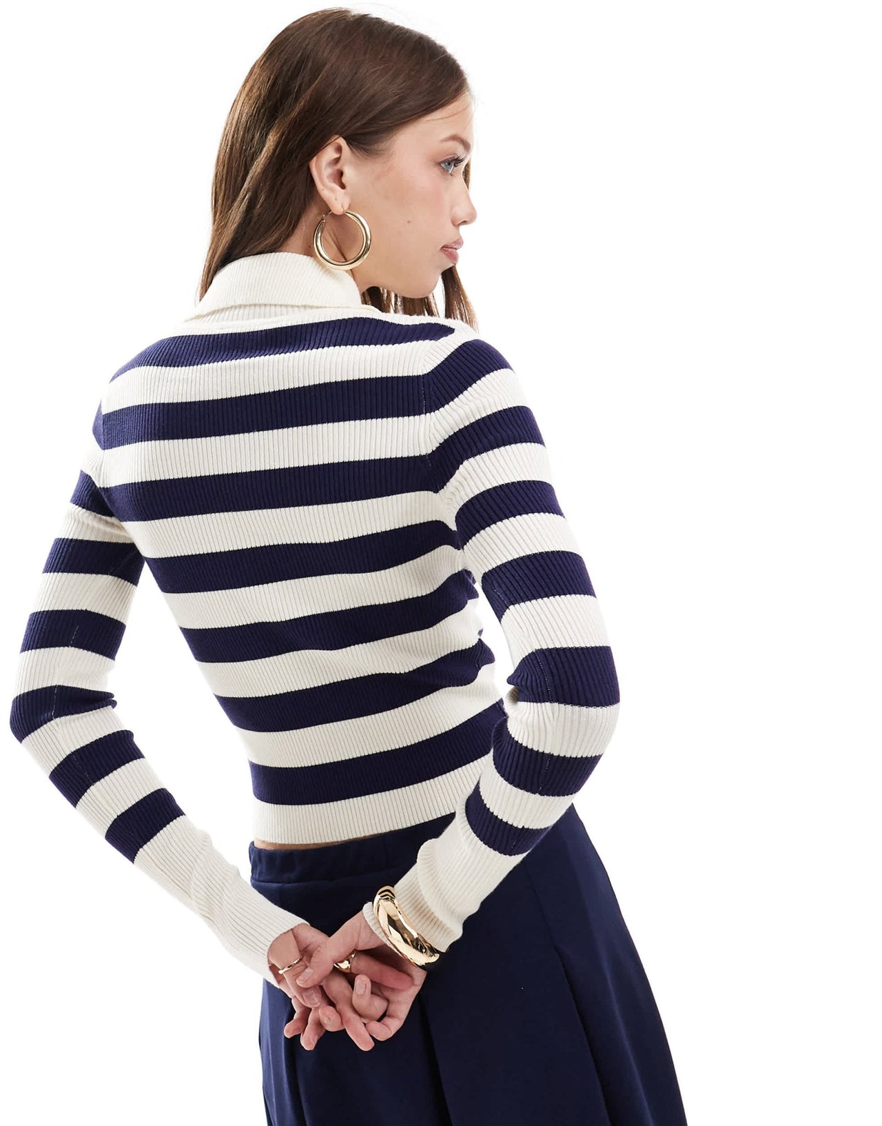 Miss Selfridge rib knit half zip collar detail top in navy and cream stripe - ASOS Sample Sale