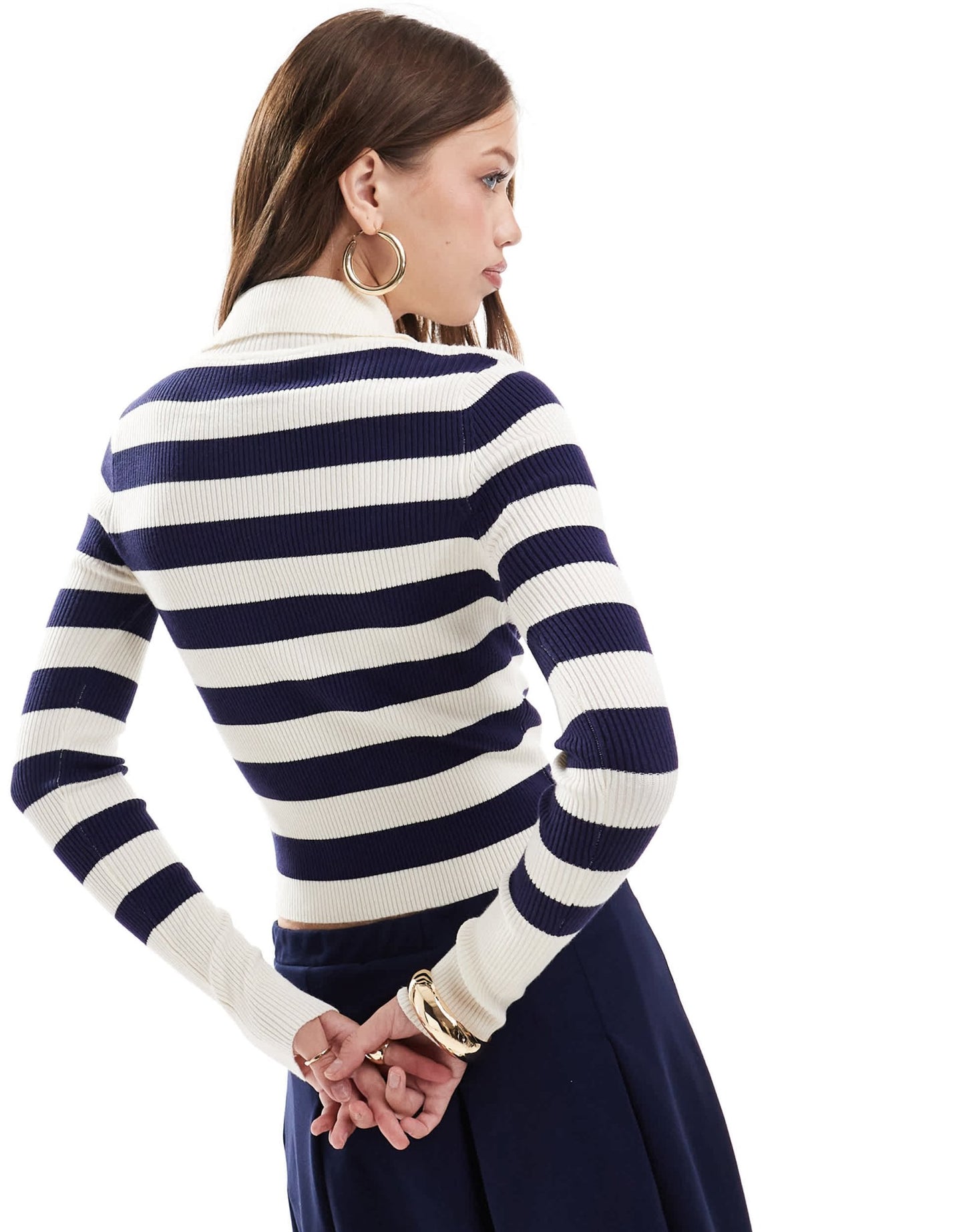 Miss Selfridge rib knit half zip collar detail top in navy and cream stripe - ASOS Sample Sale