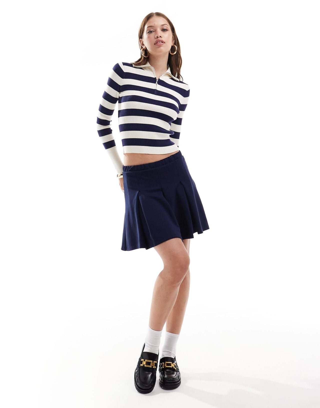 Miss Selfridge rib knit half zip collar detail top in navy and cream stripe - ASOS Sample Sale