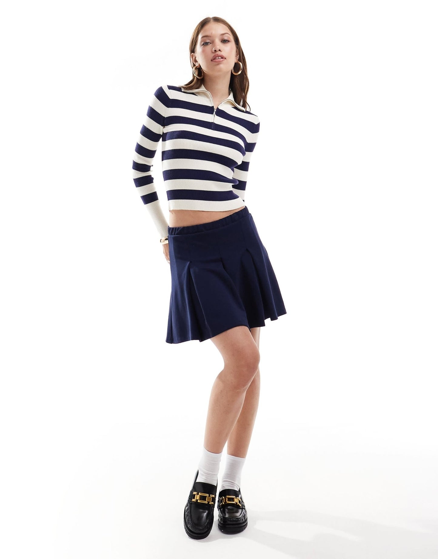 Miss Selfridge rib knit half zip collar detail top in navy and cream stripe - ASOS Sample Sale