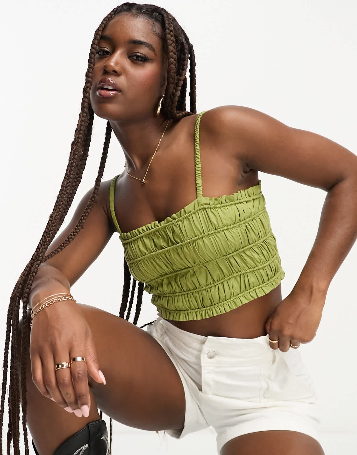 Miss Selfridge ruched cami top in khaki - ASOS Sample Sale