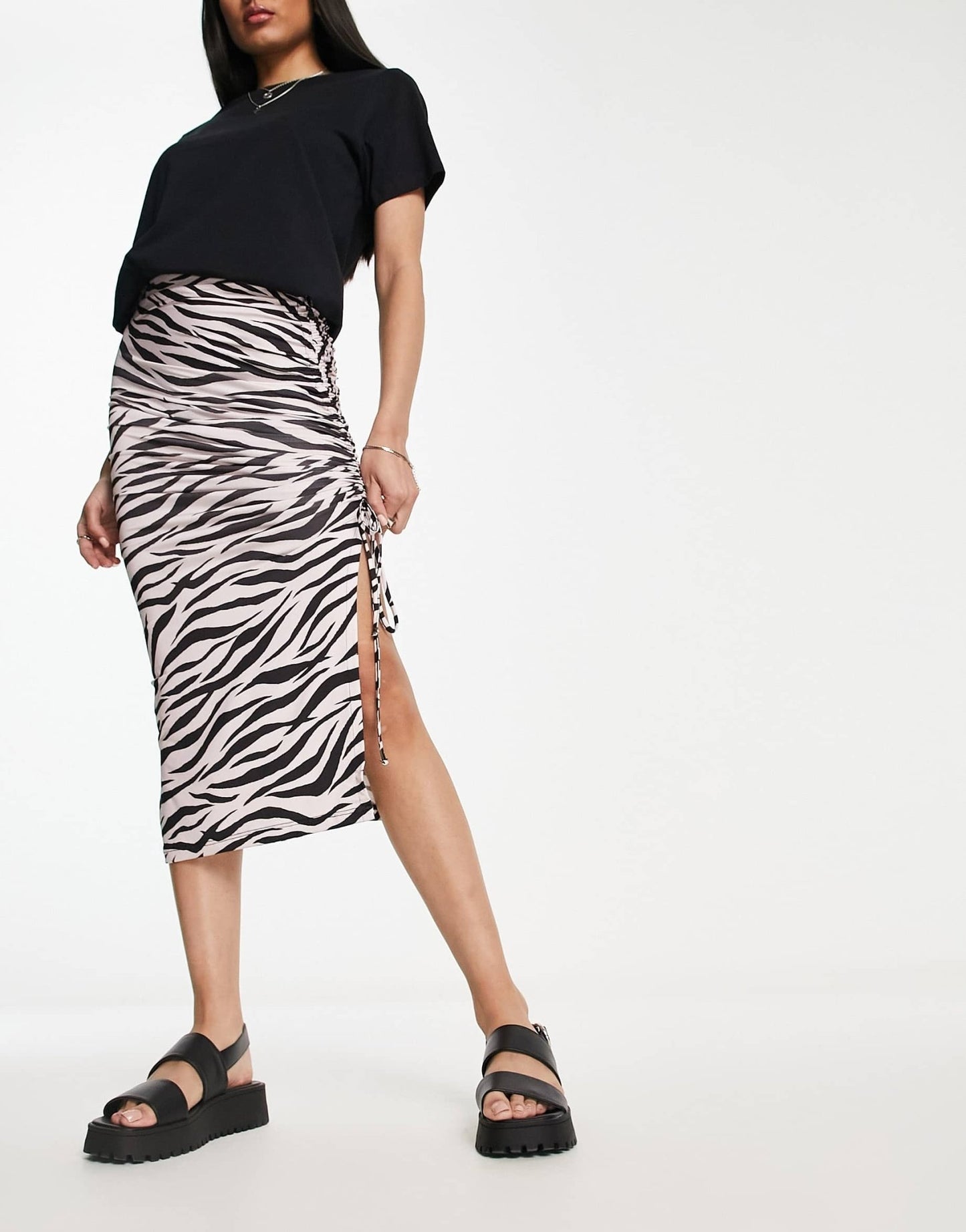 Miss Selfridge ruched midi skirt in zebra print - ASOS Sample Sale