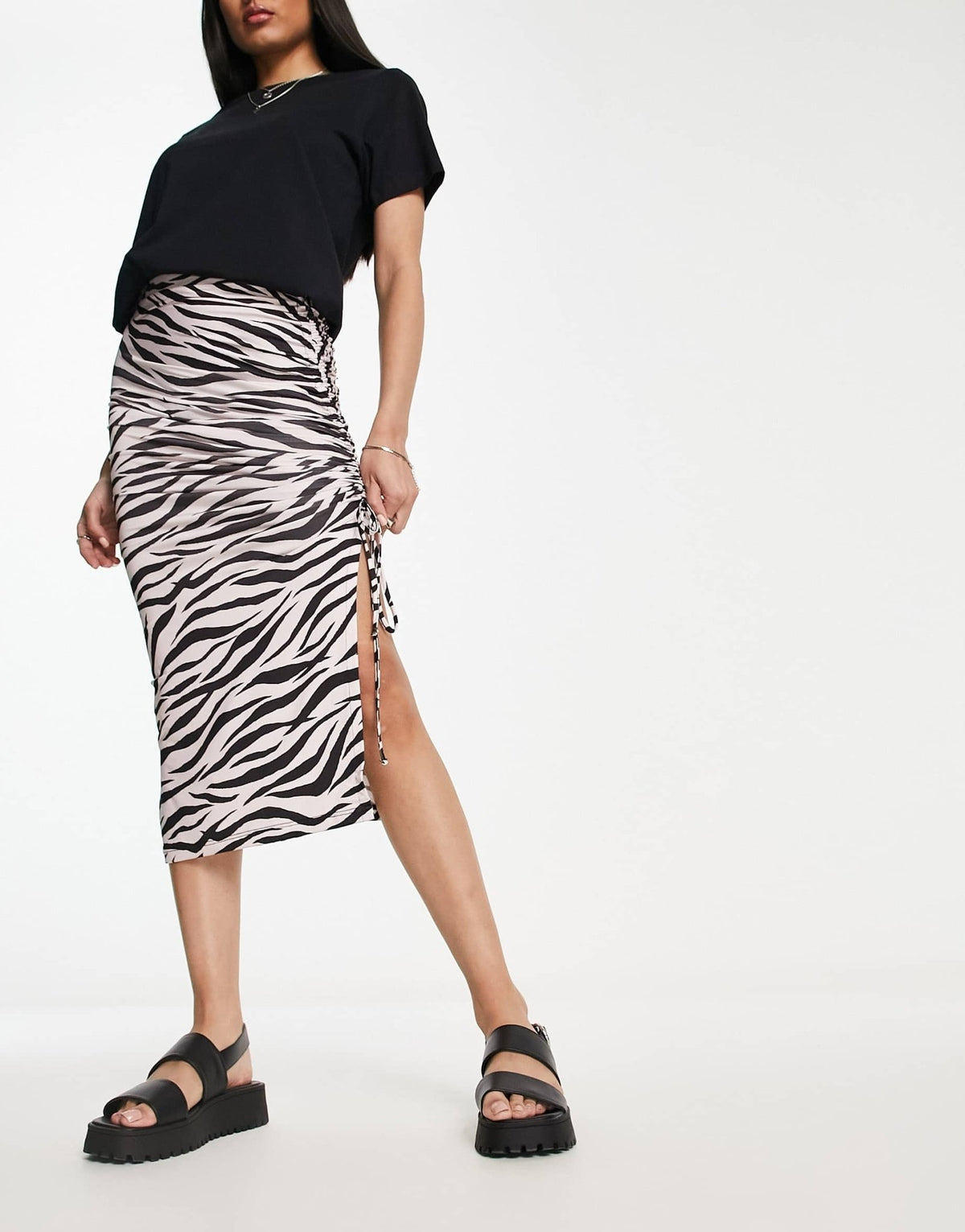 Miss Selfridge ruched midi skirt in zebra print - ASOS Sample Sale