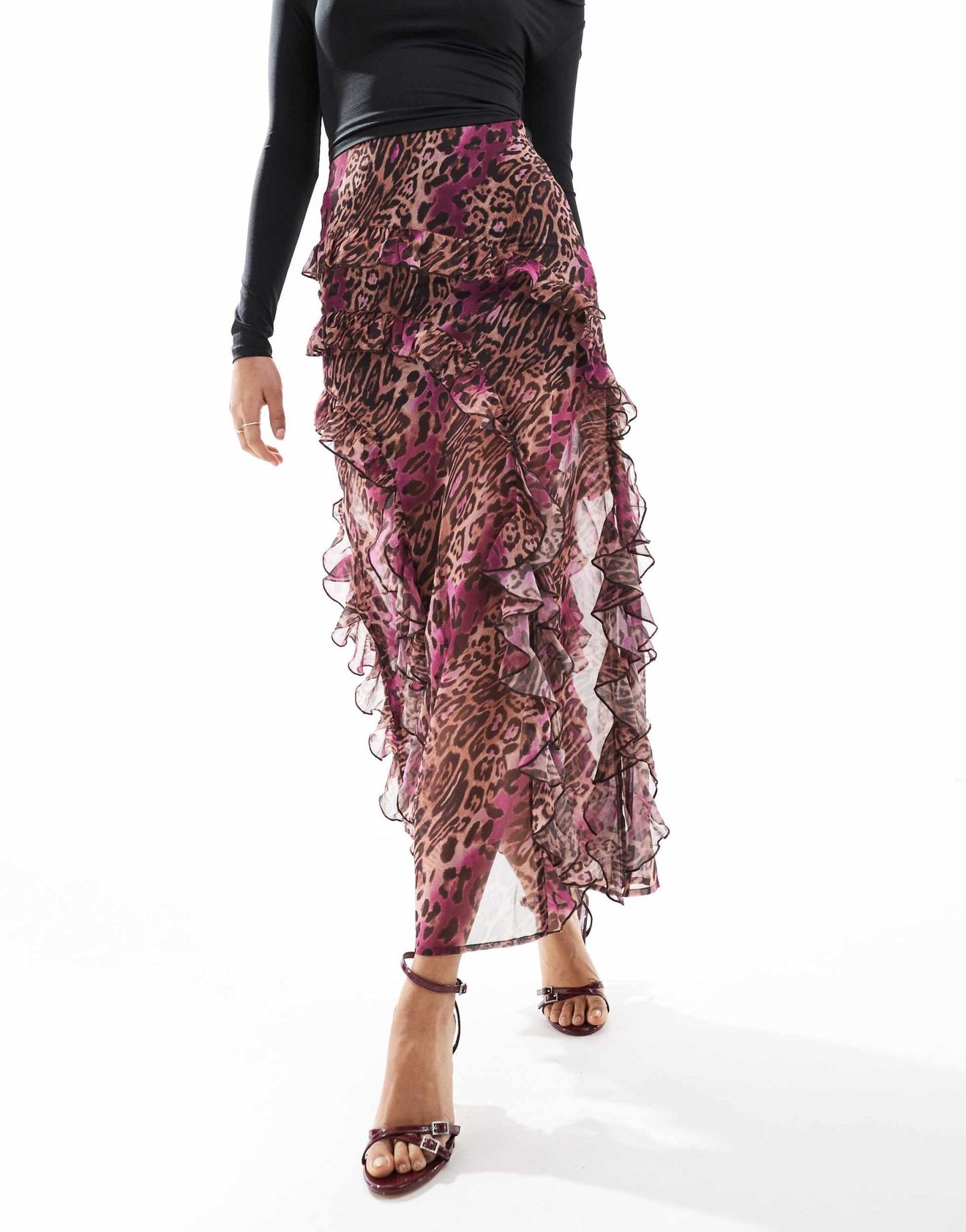 Miss Selfridge ruffle tiered midi skirt in leopard print - ASOS Sample Sale