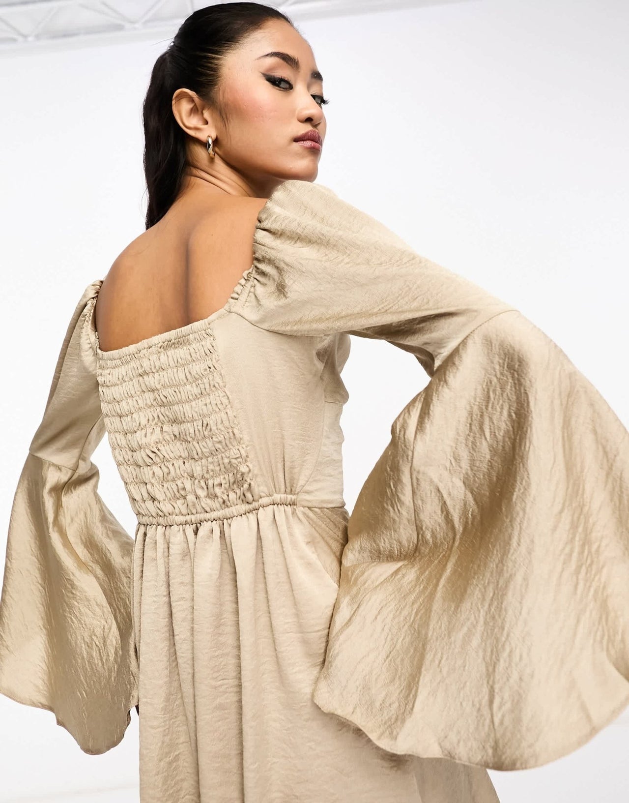 Miss Selfridge satin flared sleeve mini dress in gold - ASOS Sample Sale