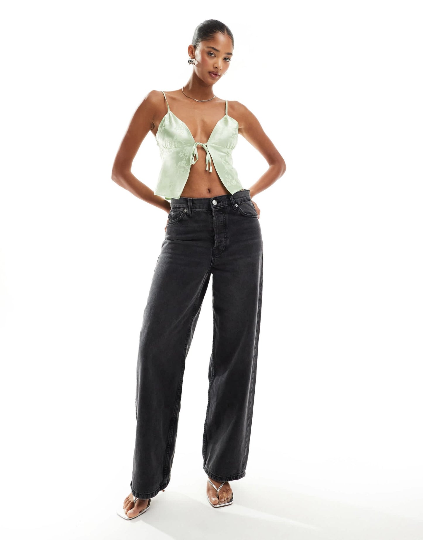 Miss Selfridge satin jacquard tie front cami top in sage green - ASOS Sample Sale
