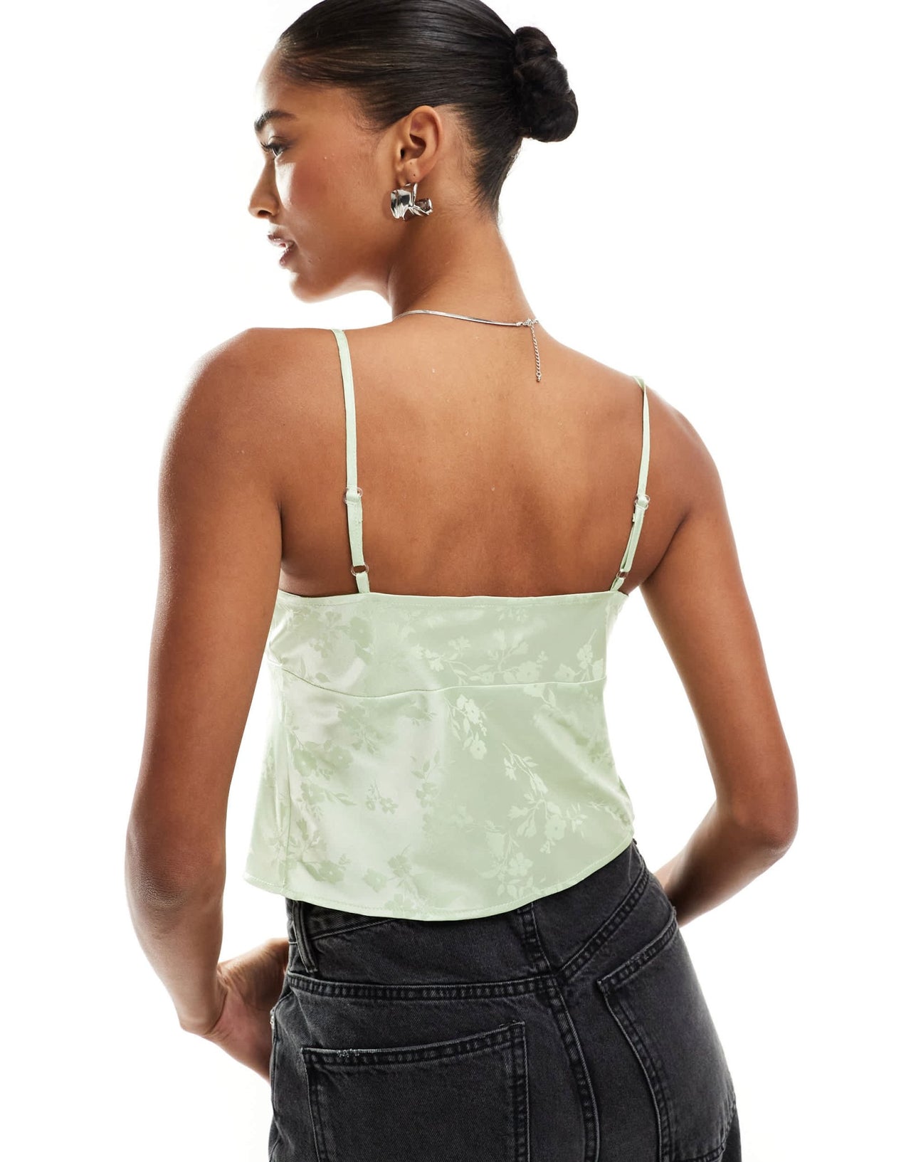 Miss Selfridge satin jacquard tie front cami top in sage green - ASOS Sample Sale