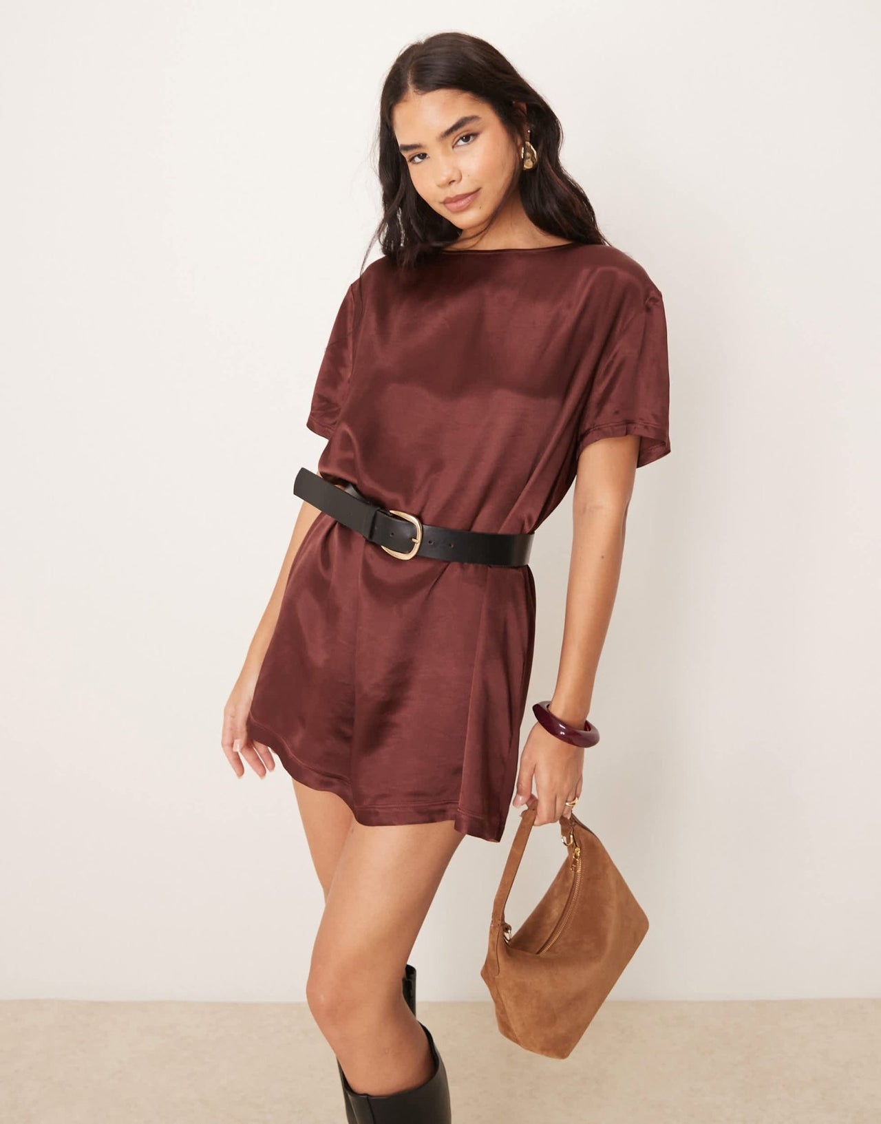 Miss Selfridge satin oversized mini t-shirt dress in chocolate - ASOS Sample Sale