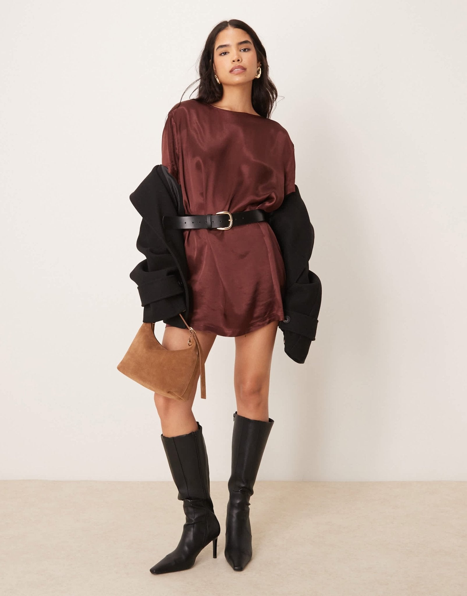 Miss Selfridge satin oversized mini t-shirt dress in chocolate - ASOS Sample Sale