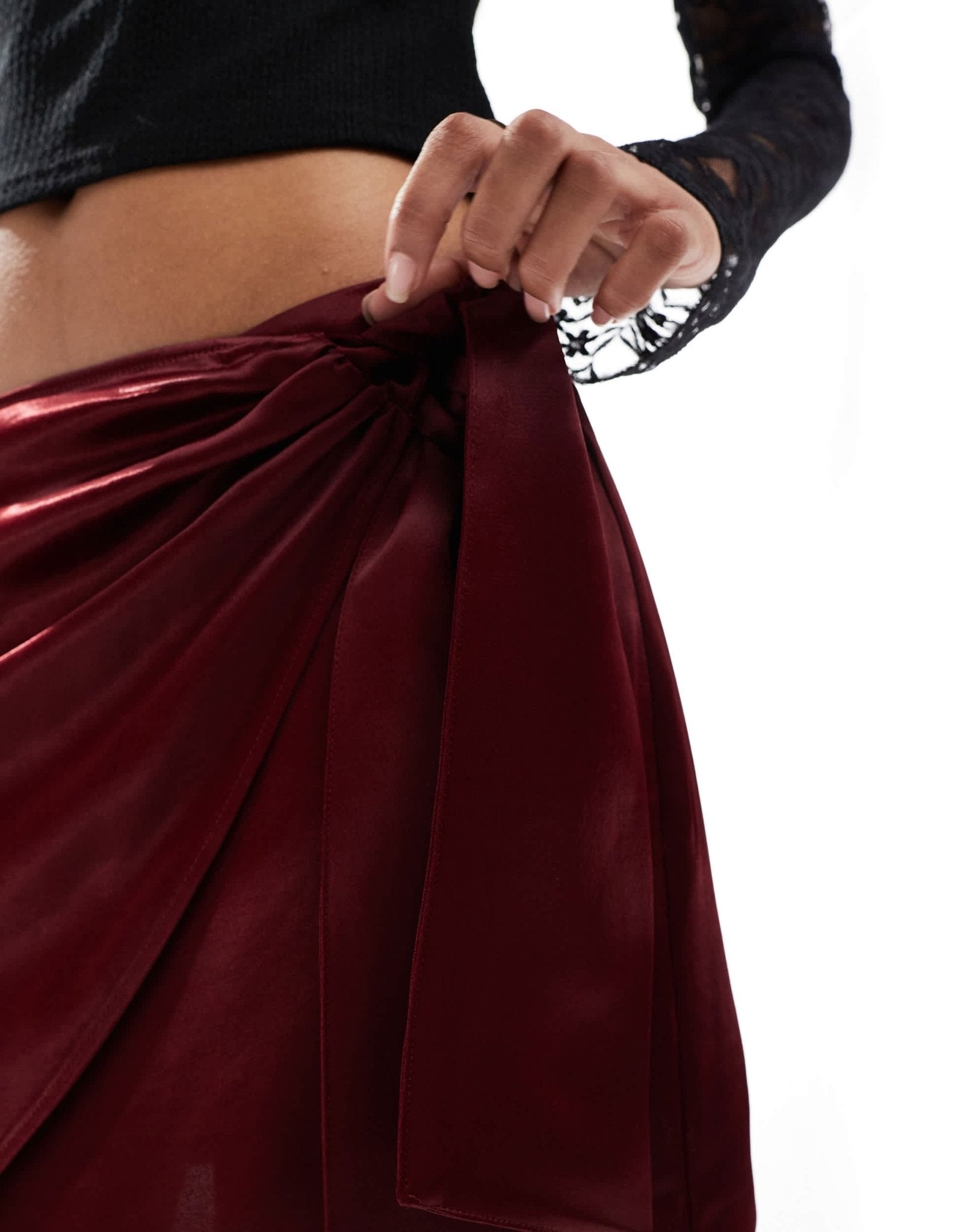 Miss Selfridge satin wrap skirt in burgundy - ASOS Sample Sale